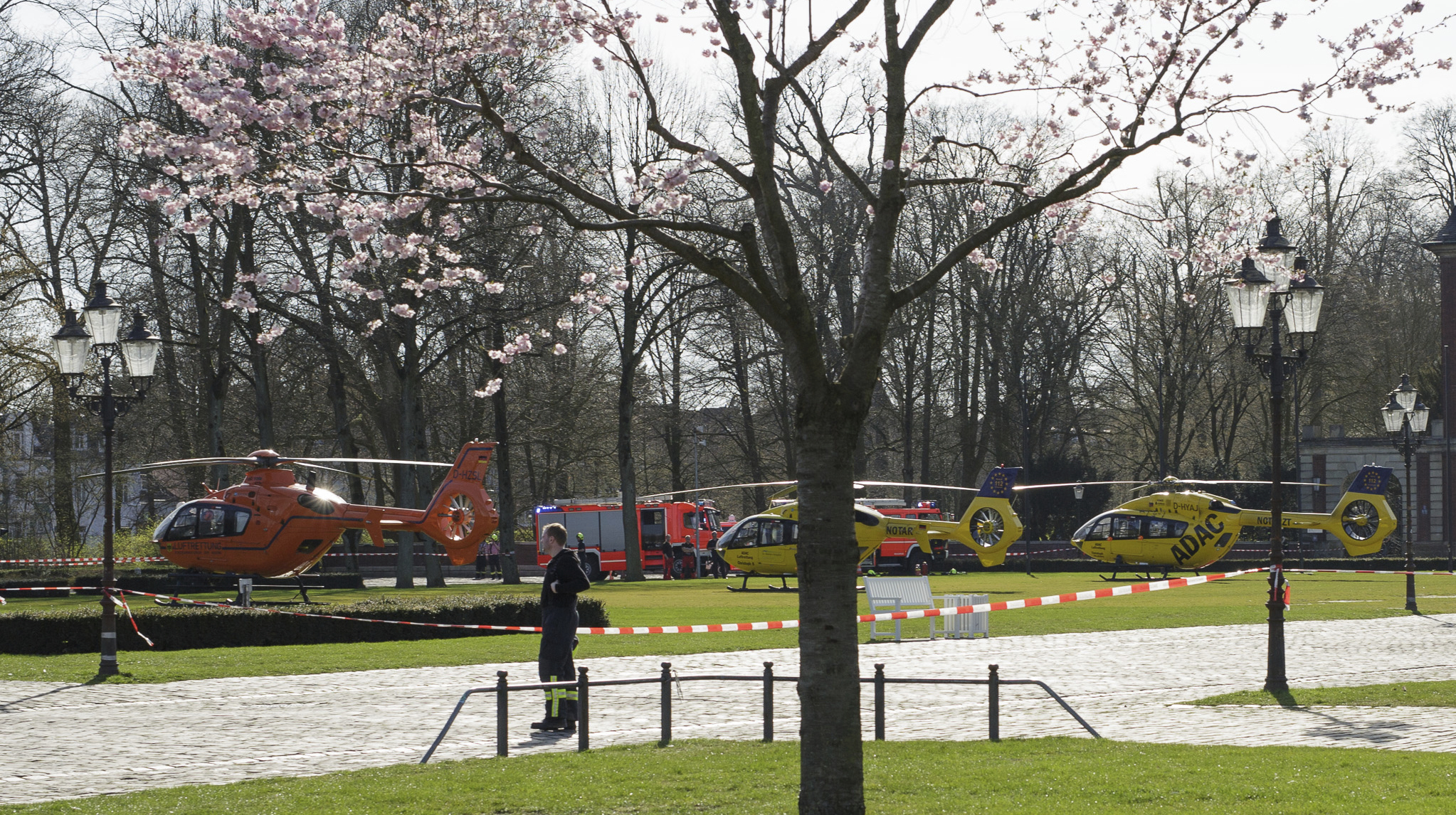 Rescue helicopters stand in Munster (Martin Rupik/dpa via AP)