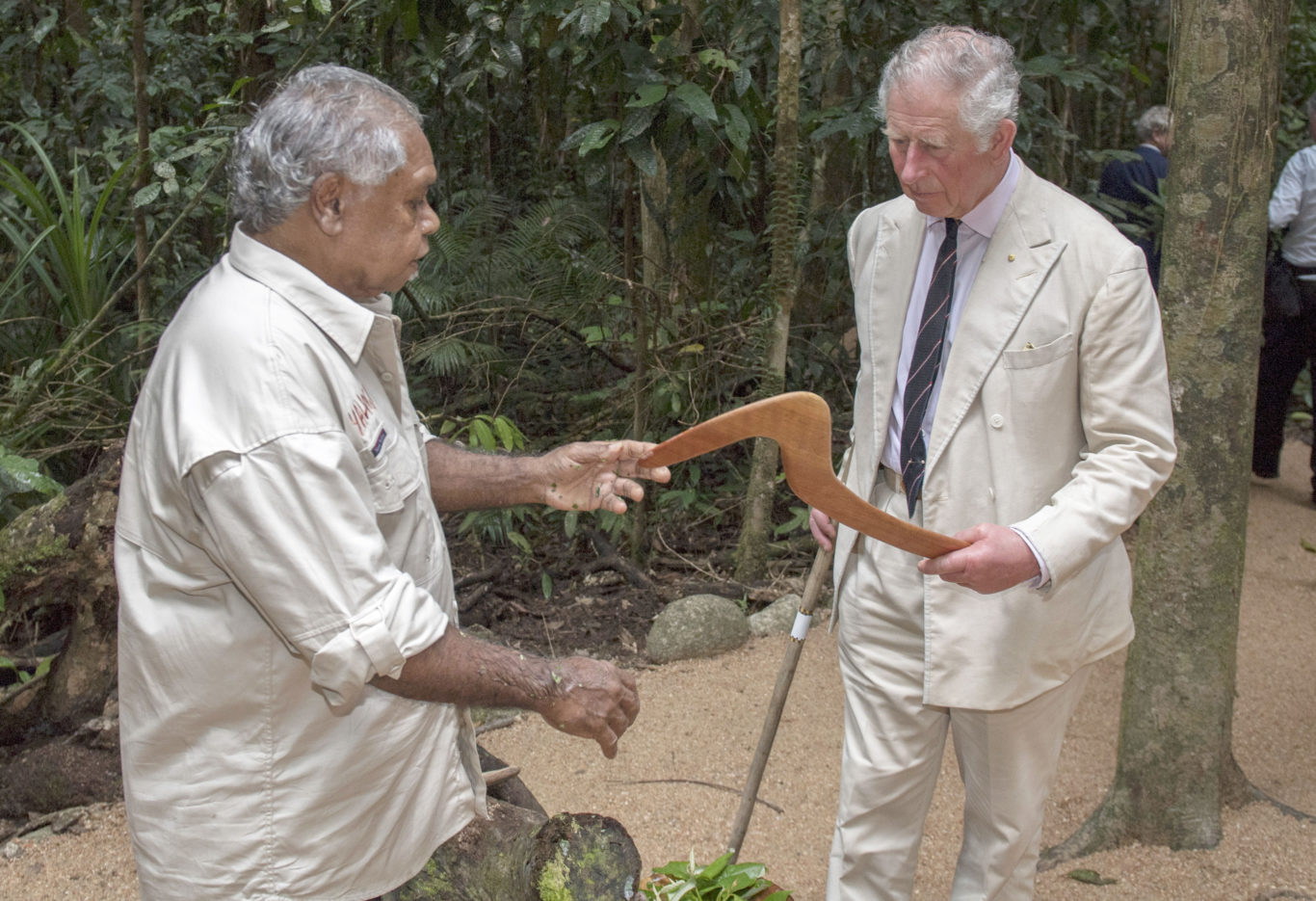 The Prince of Wales is shown a hunting Boomerang during his visit to Daintree Rainforest in Cairns (Arthur Edwards/The Sun/PA)