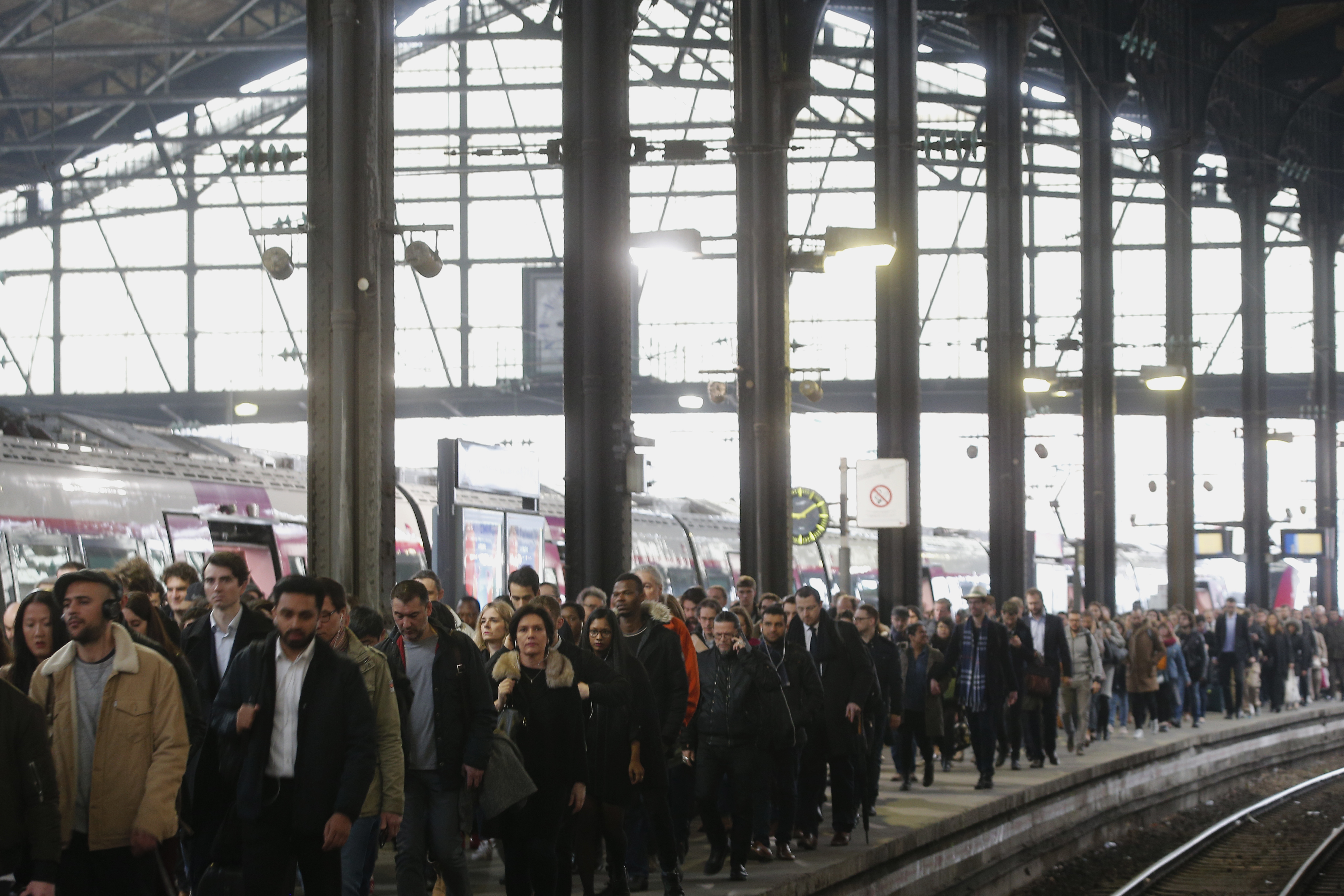 Commuters at Saint-Lazare train station in Paris during the strike (Thibault Camus/AP)