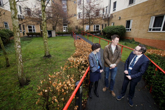 Garden designer Matt Keightley, centre, discusses the location for the garden with Angela McNab, chief executive of the winning NHS trust and Tim Kendall, National Clinical Director of Health (RHS/PA)