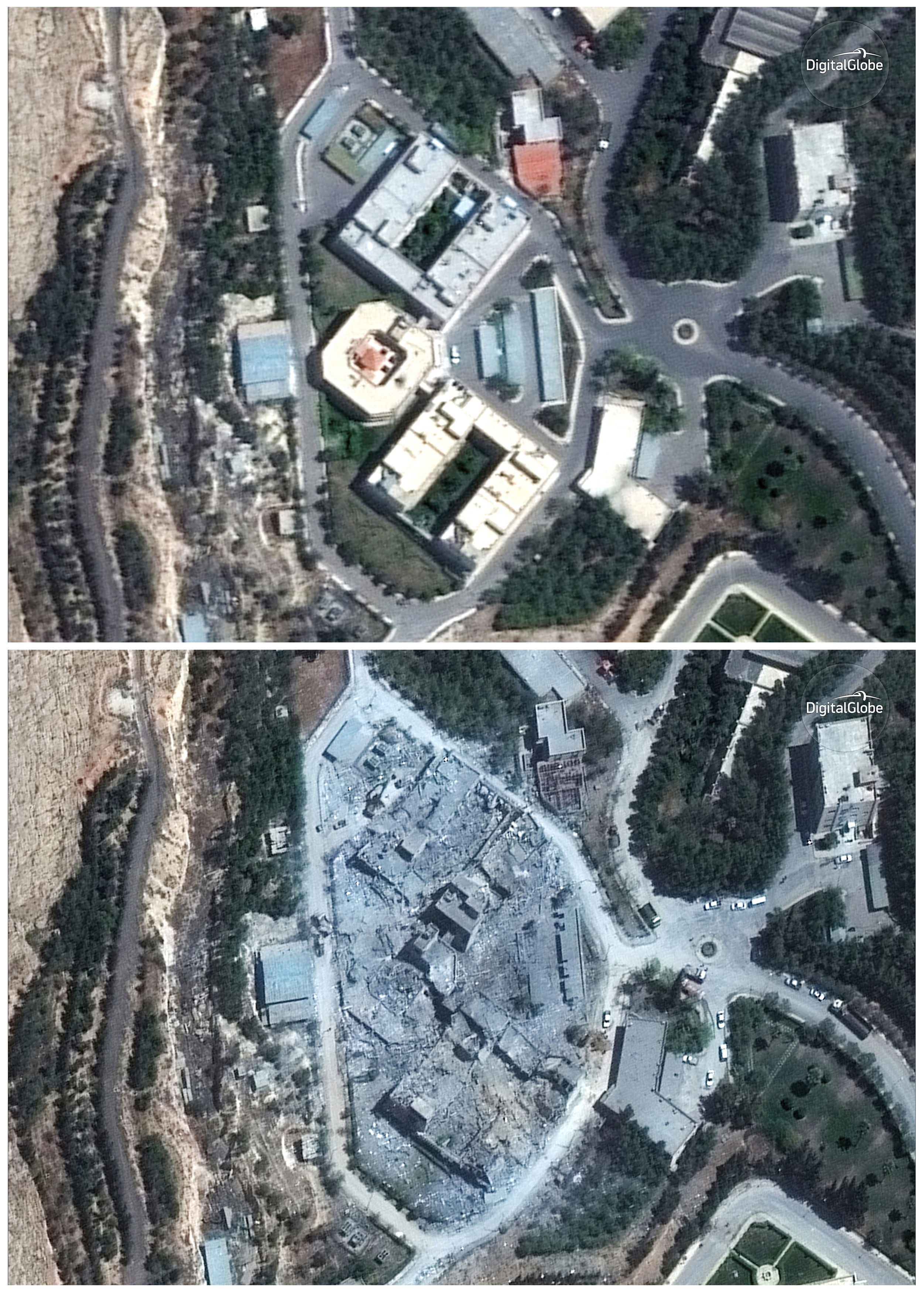 This combination of satellite images provided by DigitalGlobe, a Maxar company, shows the Barzah Research and Development Centre in Syria before and after the military action (Satellite Image ©2018 DigitalGlobe, a Maxar company via AP) 