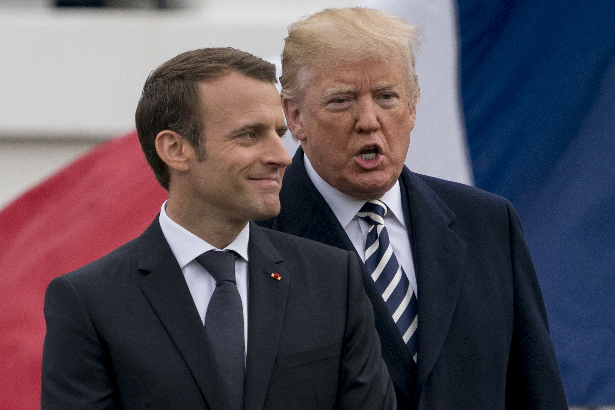 US President Donald Trump and French President Emmanuel Macron on the South Lawn of the White House (Andrew Harnik/AP)