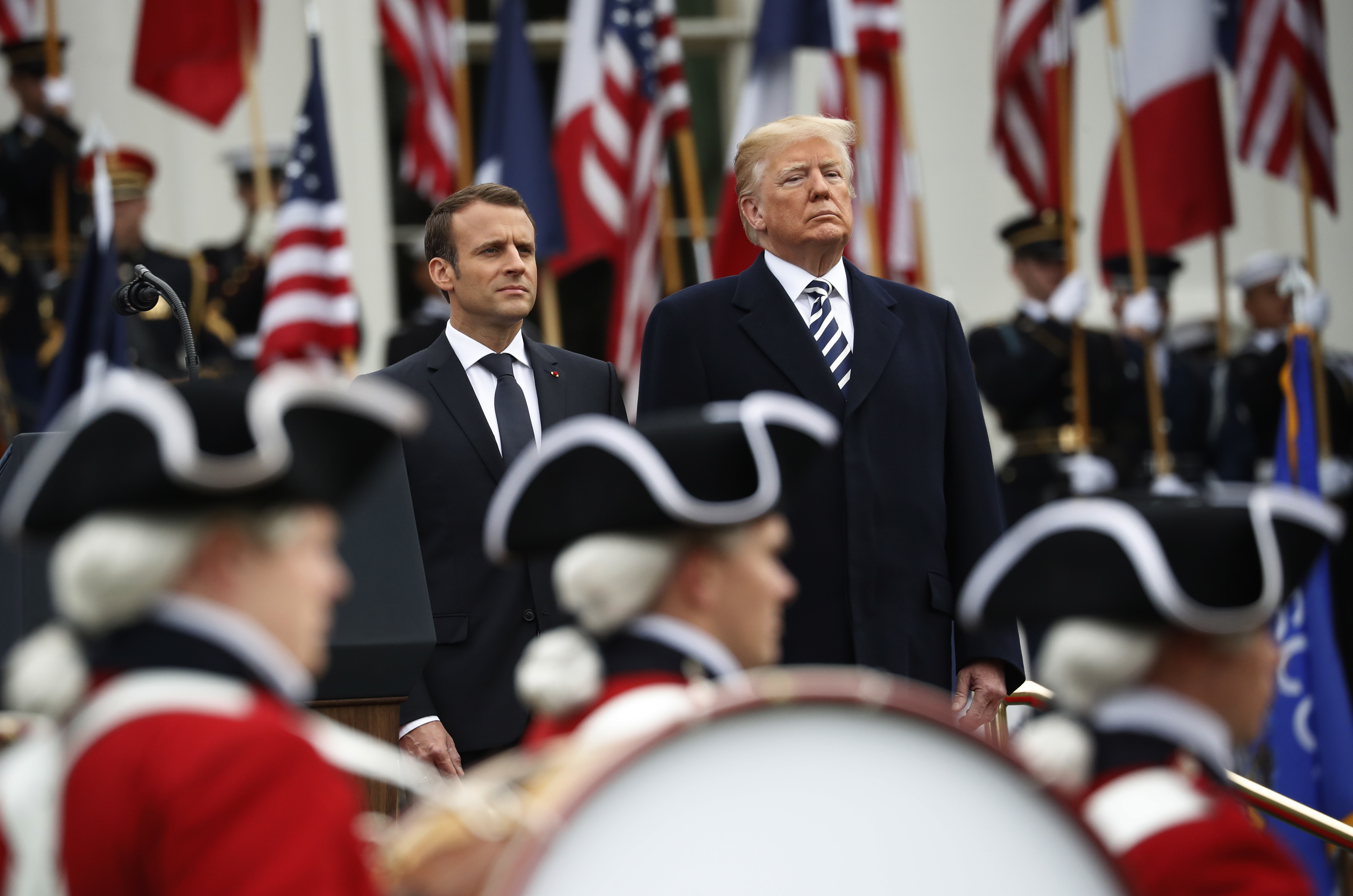 Donald Trump and Emmanuel Macron at the State Arrival Ceremony at the White House (Pablo Martinez Monsivais/AP)