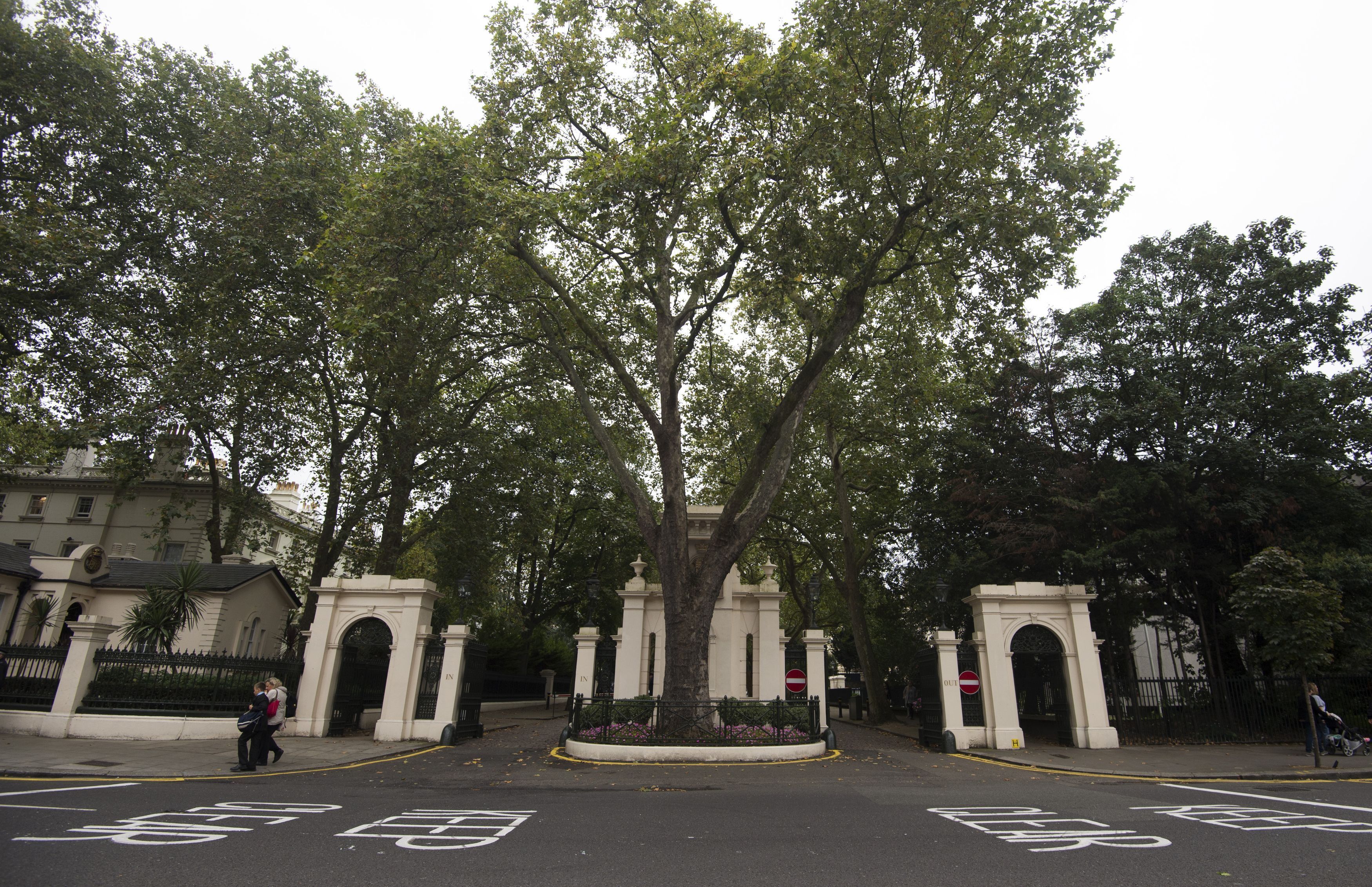 The entrance to Kensington Palace Gardens in central London (Hannah McKay/PA)