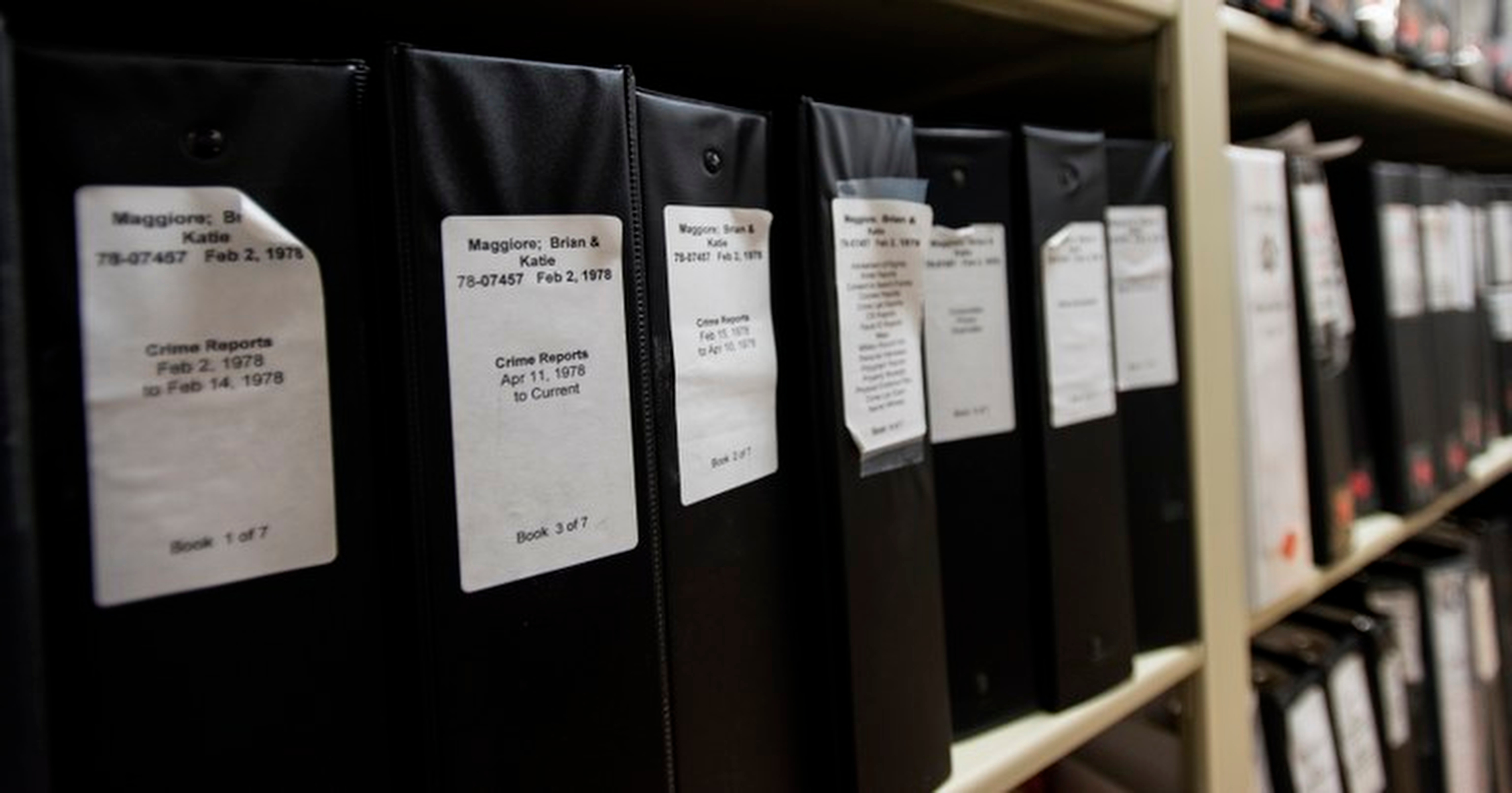 Part of the East Area Rapist crime reports at the Sheriff's department evidence room in Sacramento, California (FBI via AP)