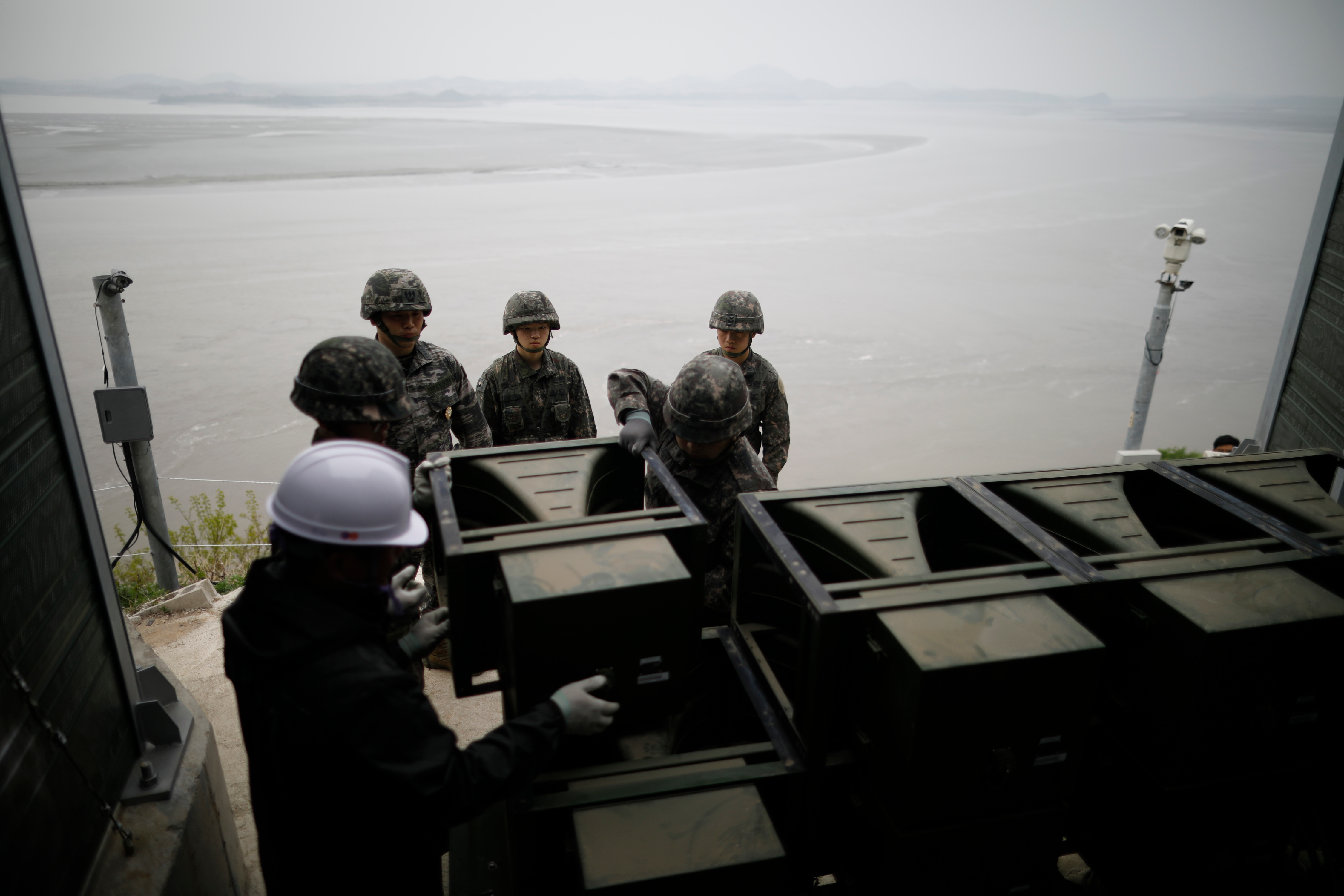 The speakers are dismantled in Paju, South Korea (Kim Hong-Ji/Pool Photo via AP)