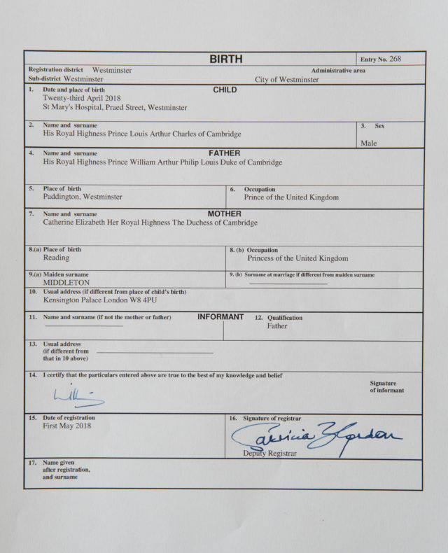 The birth certificate of Prince Louis. (Dominic Lipinski/PA Wire)