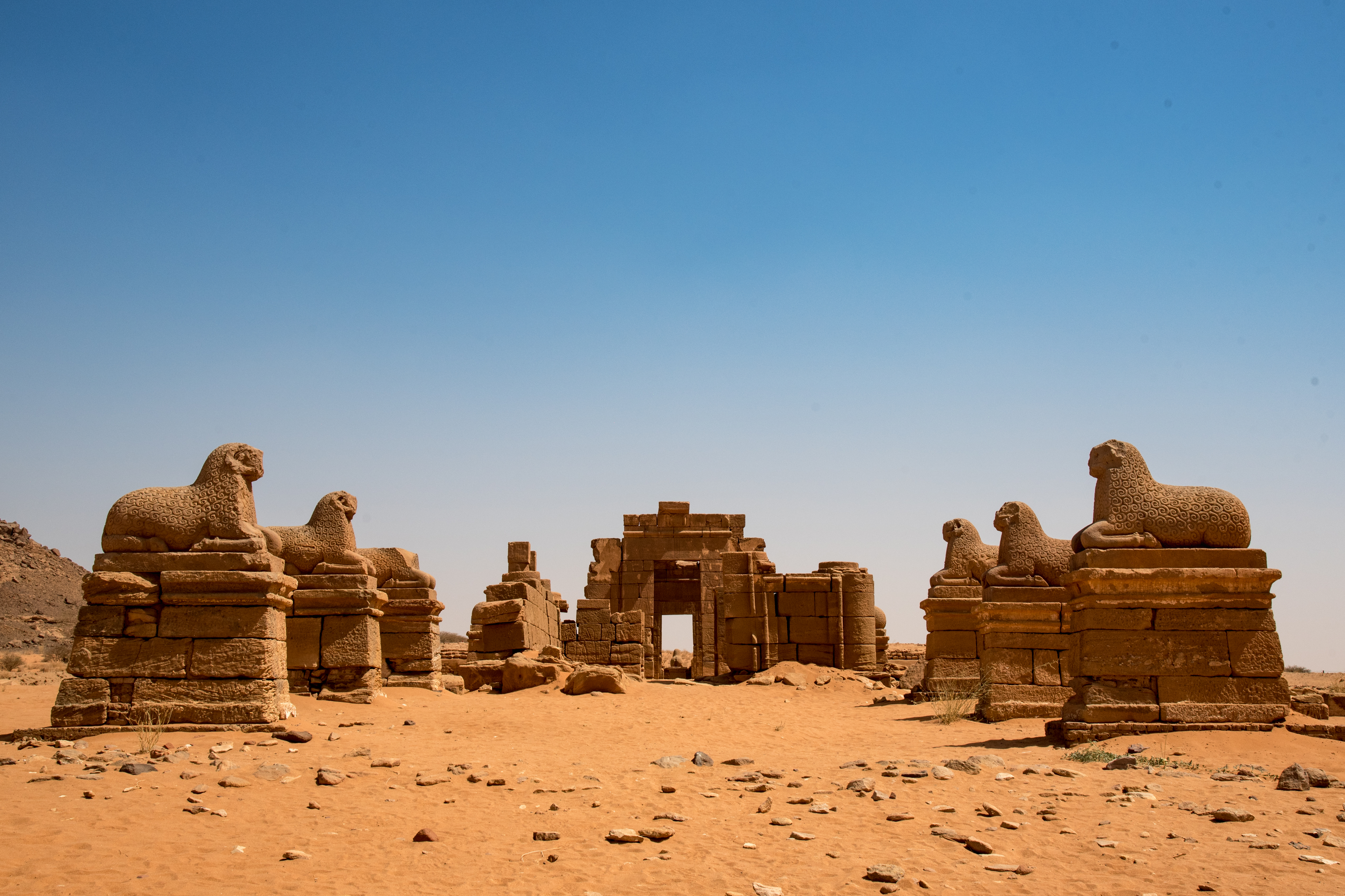 Afro rams stand on plinths at the Musawwarat archaeological site (Sarah Marshall/PA)