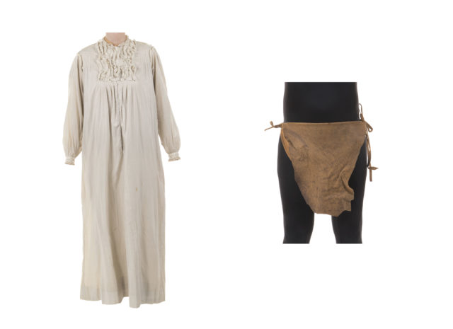 A nightgown worn by Olivia de Havilland in Gone With The Wind and a loincloth worn by Johnny Weissmuller in the 1932 film Tarzan (Profiles in History via AP)