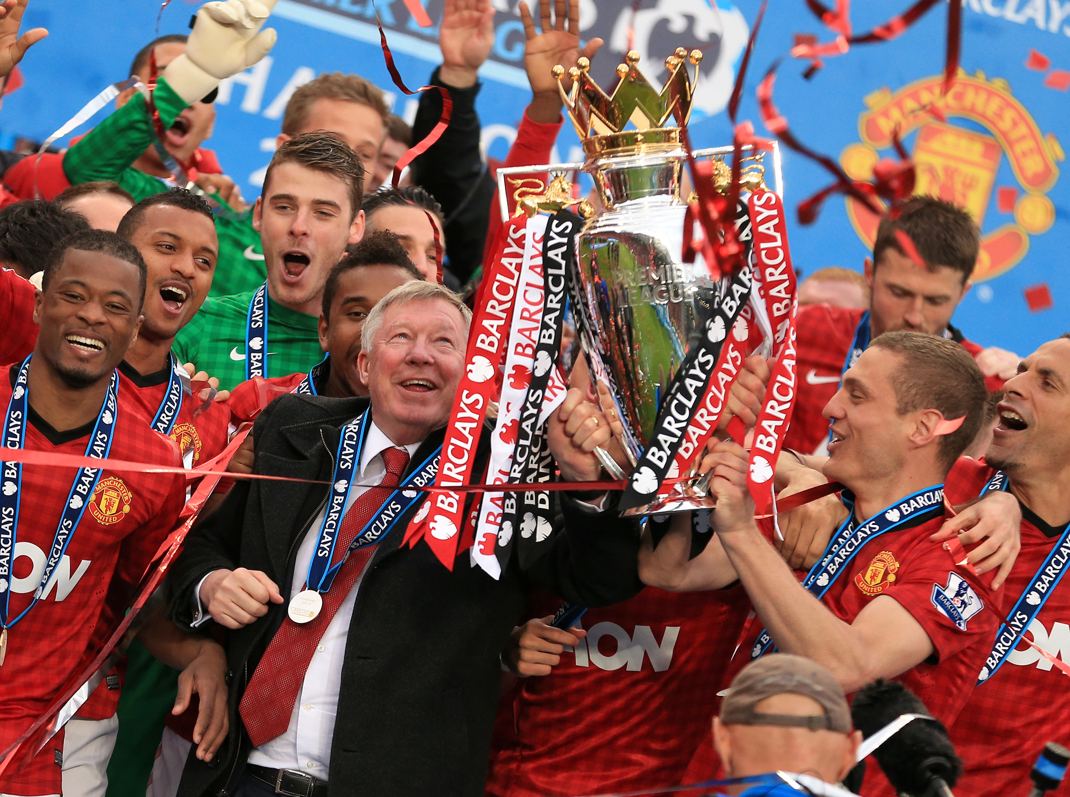 Sir Alex Ferguson celebrates winning the Premier League in 2013