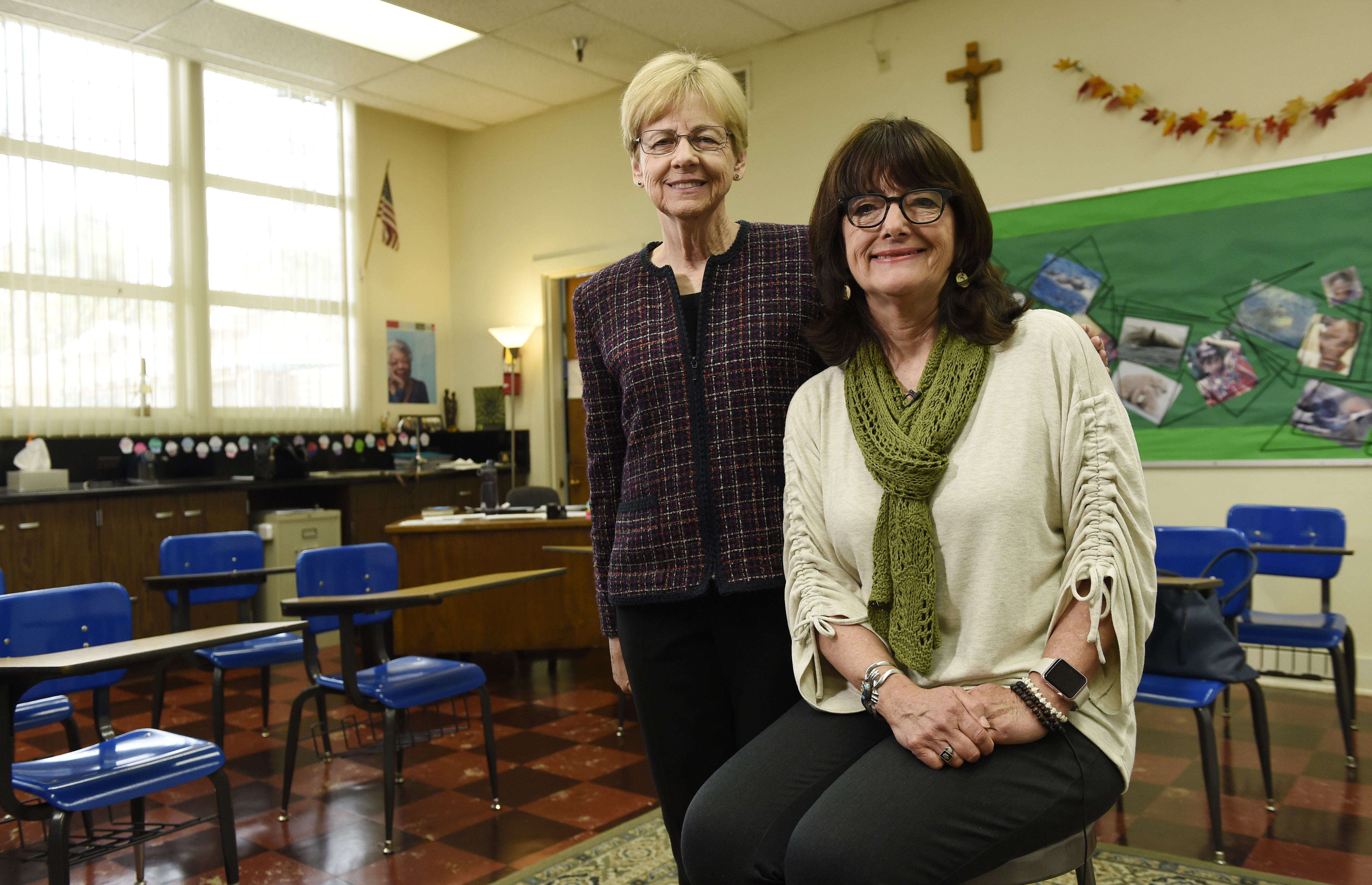 Christine Knudsen, left, and Maria Pollia inside a classroom at Immaculate Heart High School (Chris Pizzello/AP)