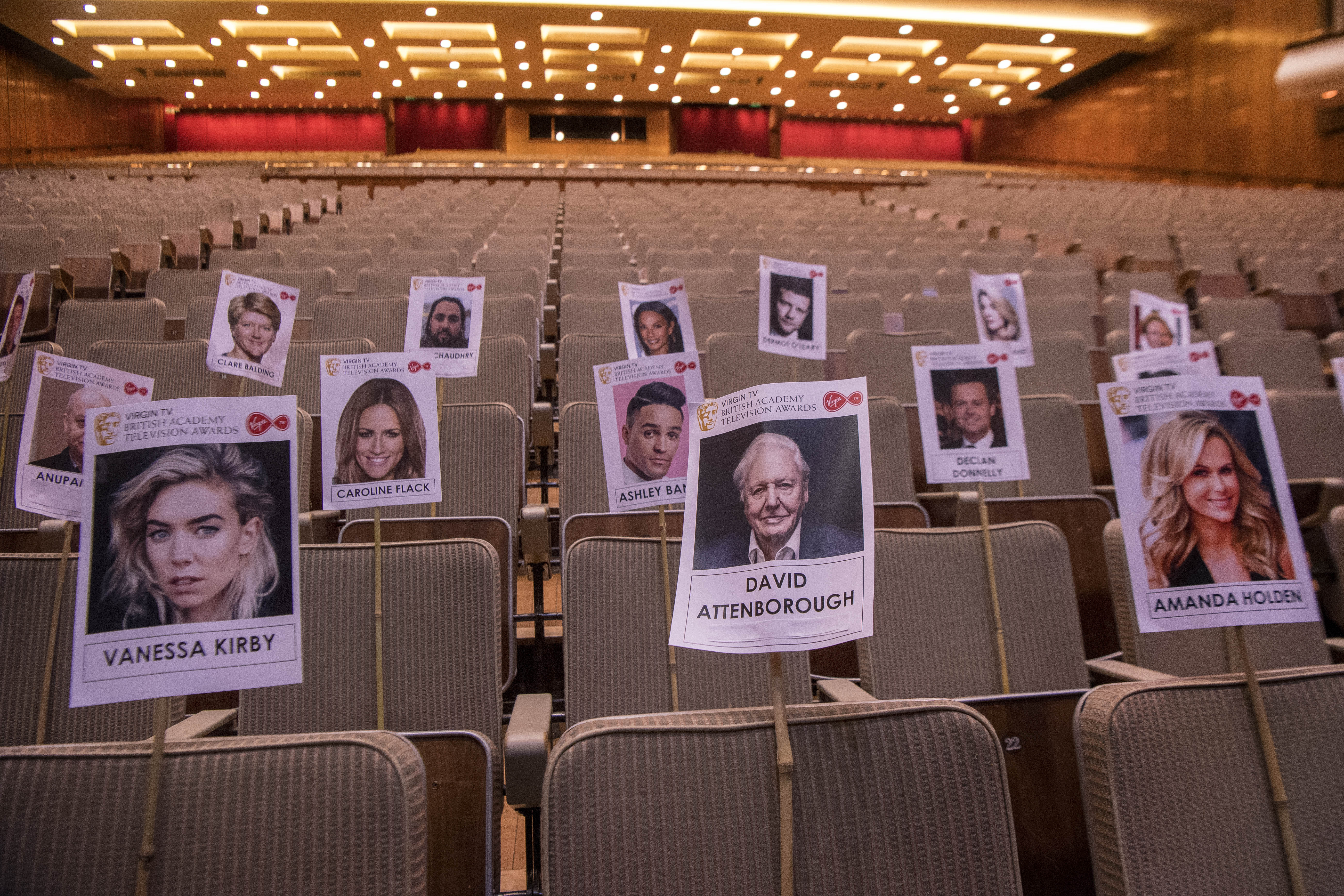 Heads on sticks are positioned to check for camera blocking during the forthcoming Virgin TV British Academy Television Awards at the Royal Festival Hall (Victoria Jones/PA)