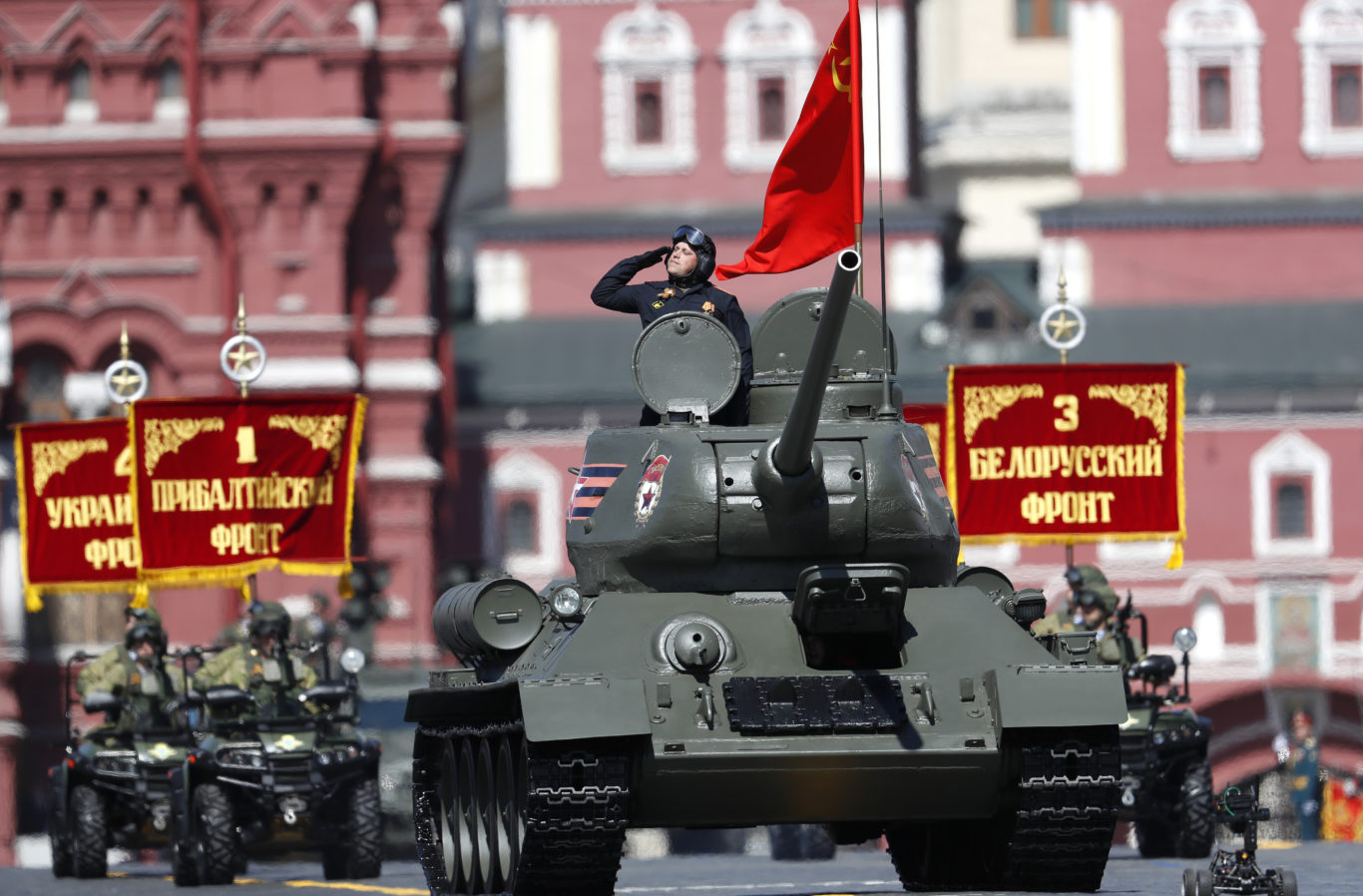 A Second World War-era Soviet tank T-34 makes its way during the Victory Day military parade to celebrate 73 years since the defeat of Nazi Germany (AP)