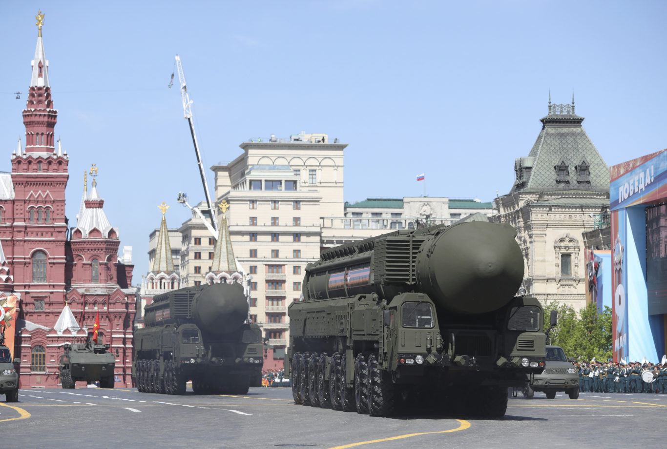 Yars strategic missiles were among some of the more up-to-date military hardware on display (AP)