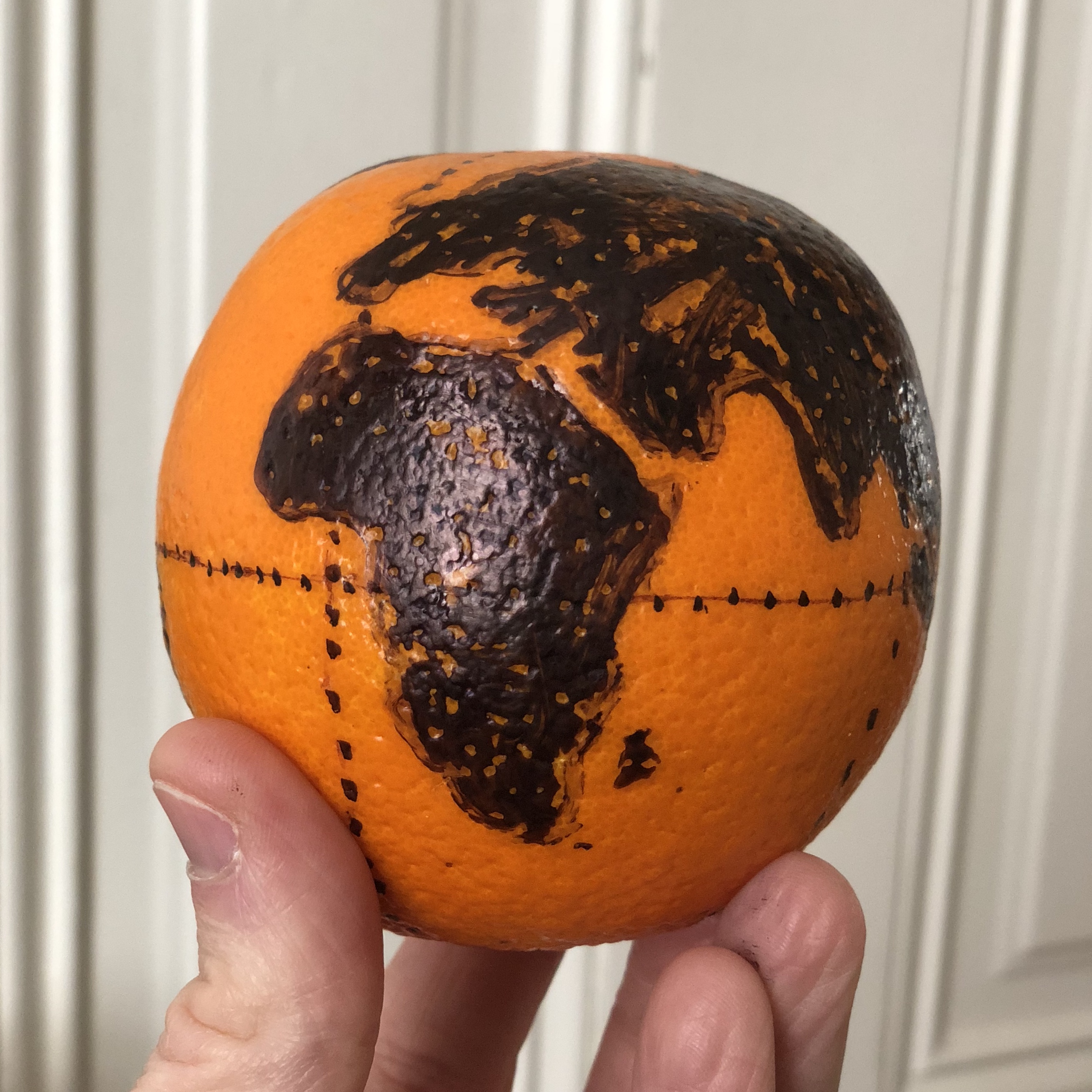 A globe drawn out on to an orange (RJ Andrews/@InfoWeTrust)