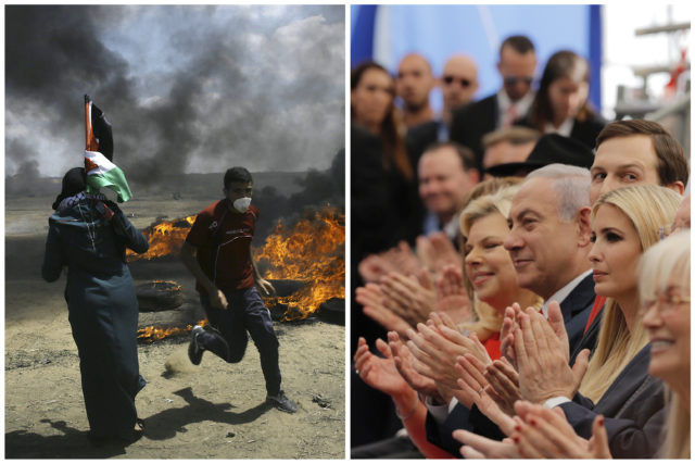 Palestinians protest as dignitaries applaud at the opening ceremony of the new US embassy in Jerusalem (AP)