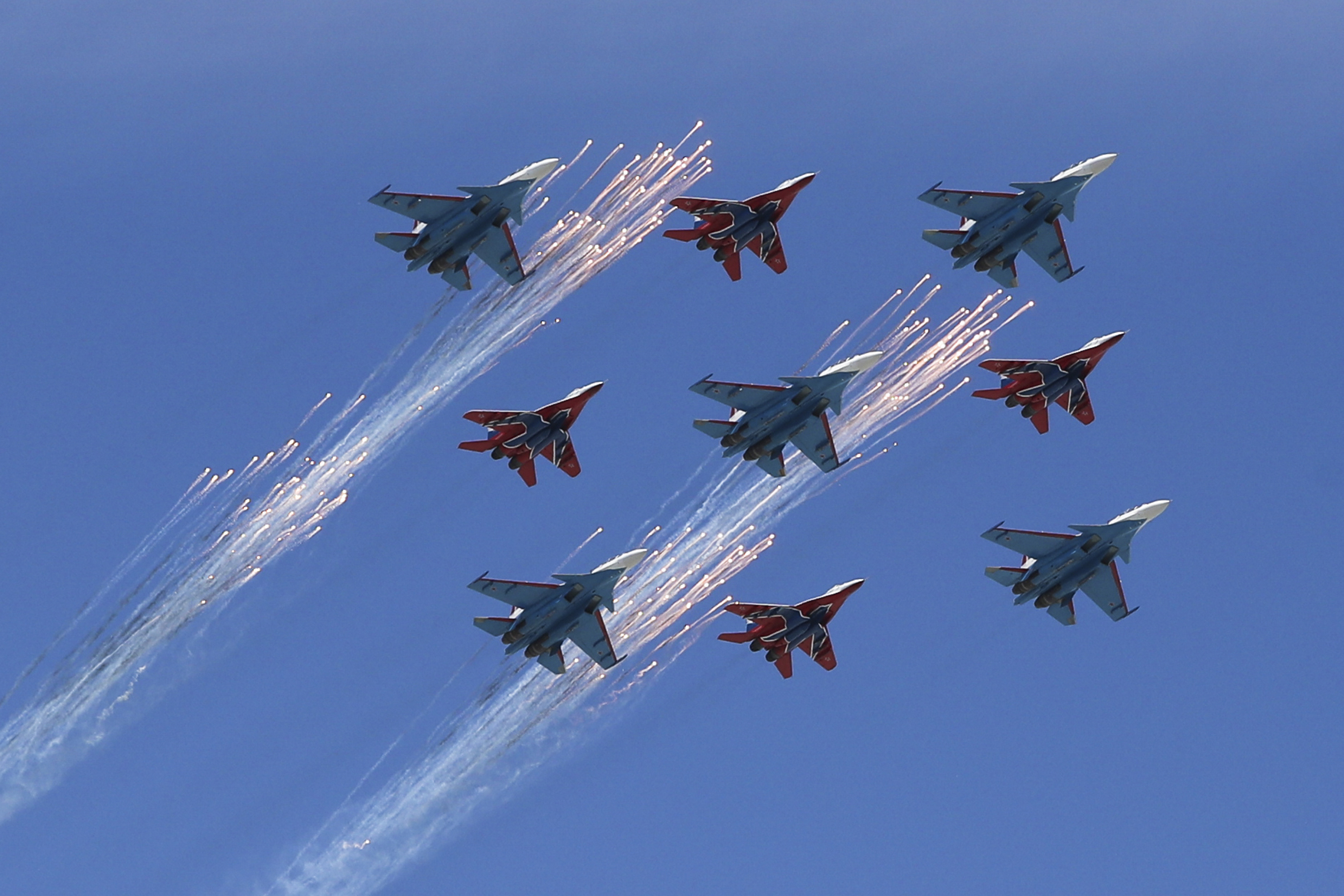 Mr Putin said the Russian air force would receive 160 new aircraft this year (Pavel Golovkin/AP)