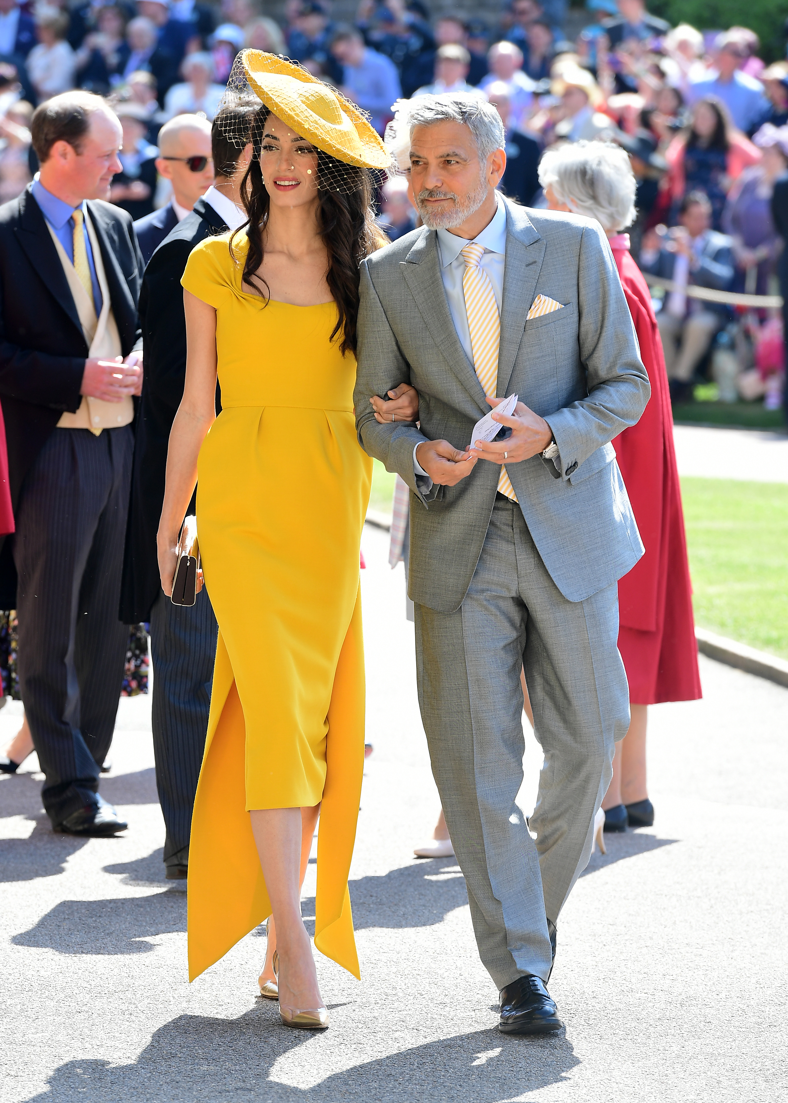Amal and George Clooney arrive at St George's Chapel at Windsor Castle for the wedding of Meghan Markle and Prince Harry. (Ian West/PA)