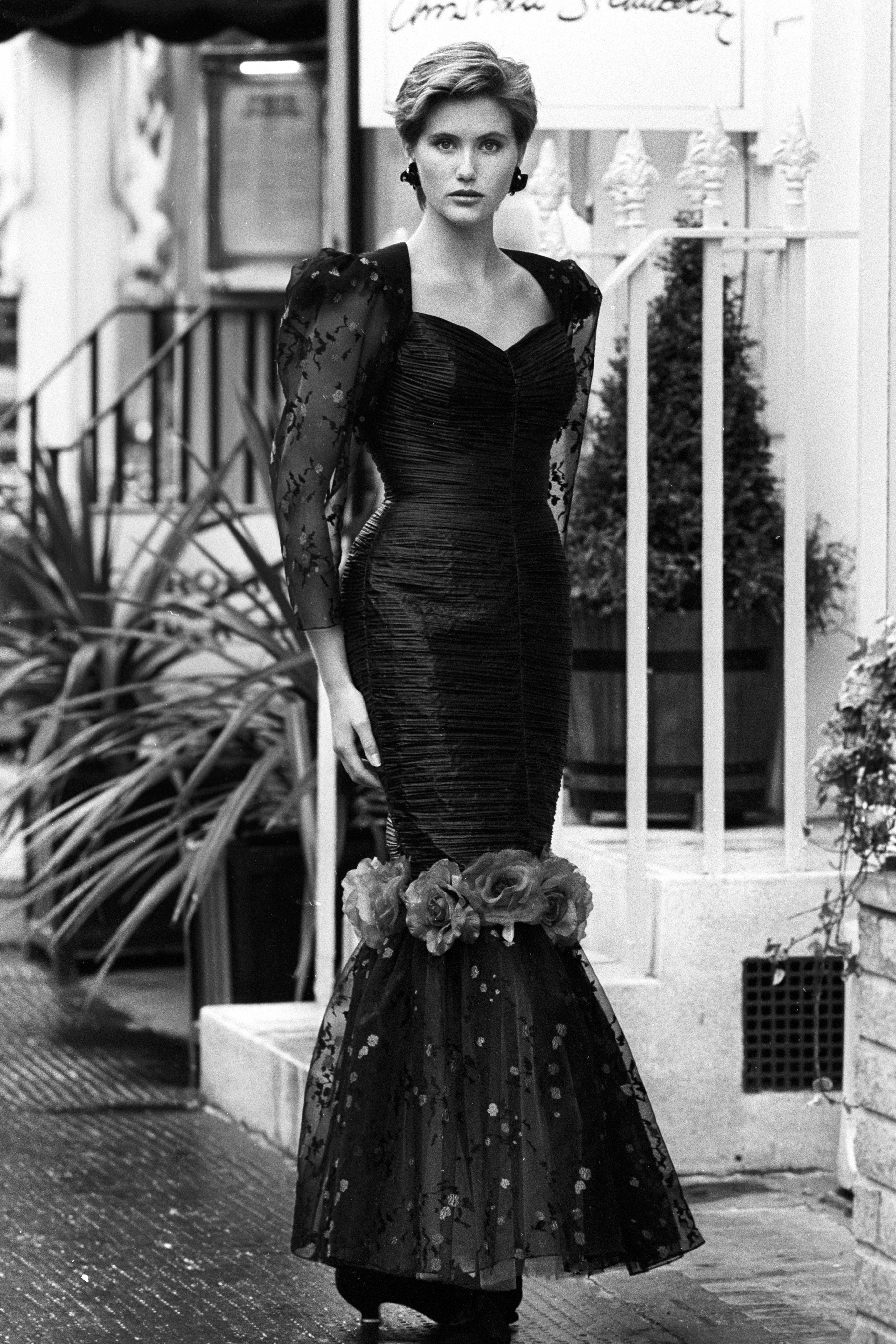 Model Carrelyn Gardiner in an evening gown by Christina Stambolian in 1988 