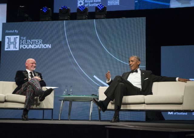 Barack Obama and Sir Tom Hunter during a charity dinner in Edinburgh (The Hunter Foundation/PA)
