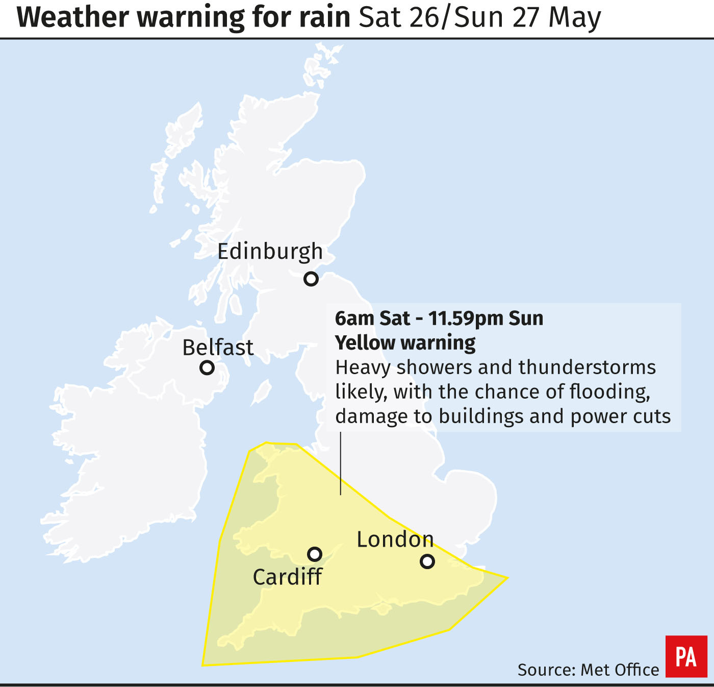 Weather warning for rain Sat 26/Sun 27 May