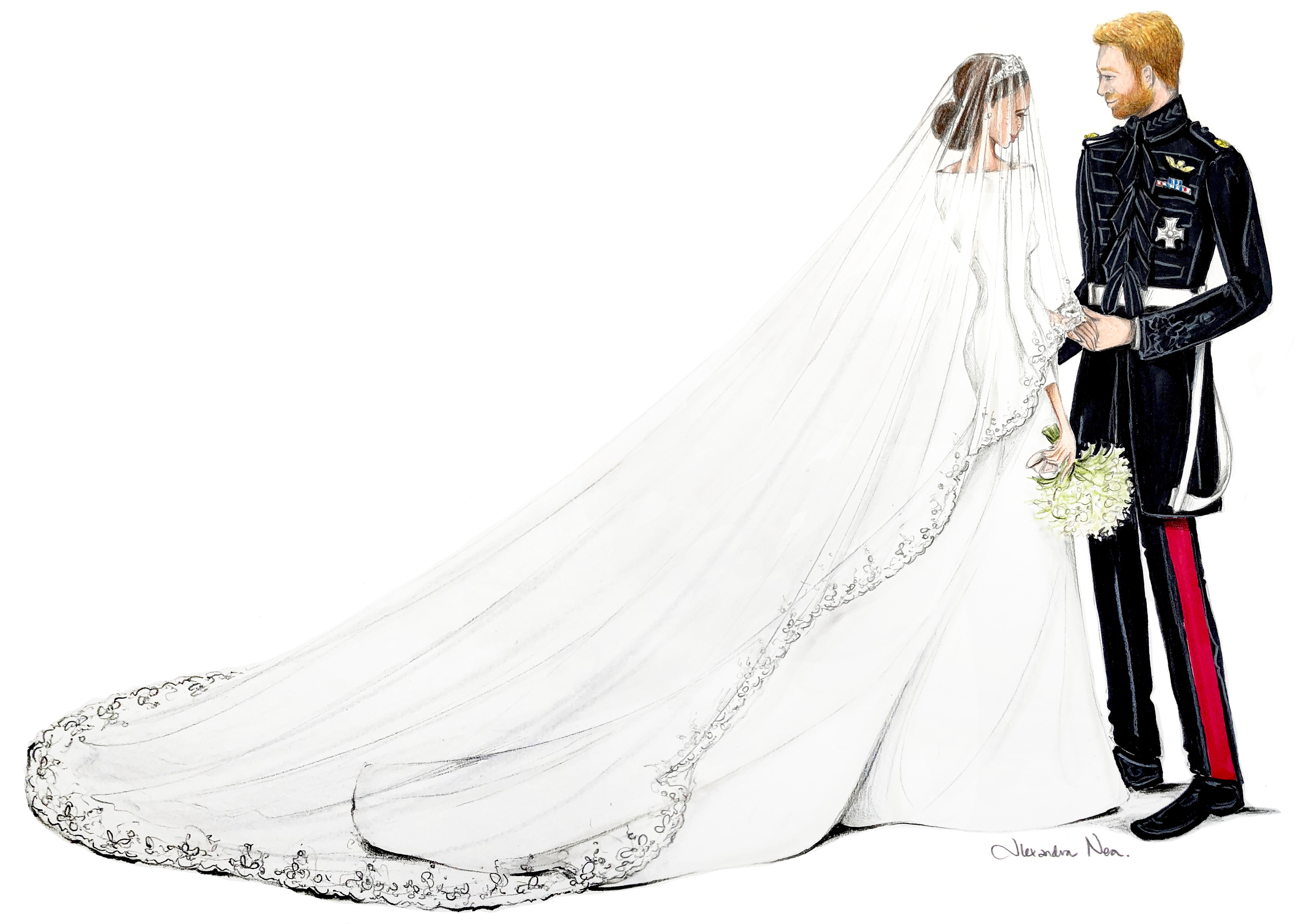 Illustration of the royal wedding by illustrator Alexandra Nea showing Prince Harry with his wife Meghan Markle, the Duke and Duchess of Sussex (Alexandra Nea)