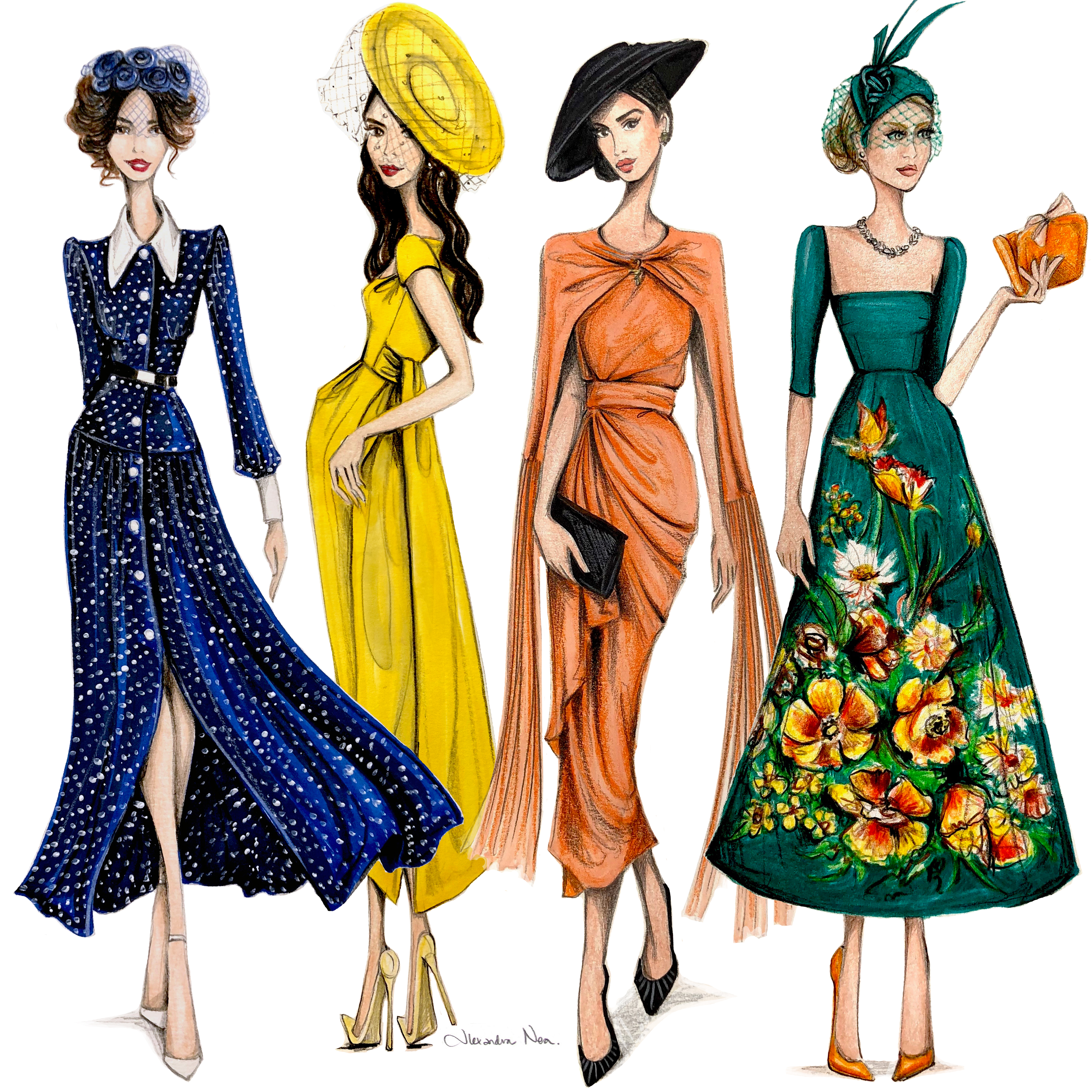 Illustration of royal wedding guests Abigail Spencer, Amal Clooney, Lady Kitty Spencer, Janina Gavankar and created by illustrator Alexandra Nea (Alexandra Nea)