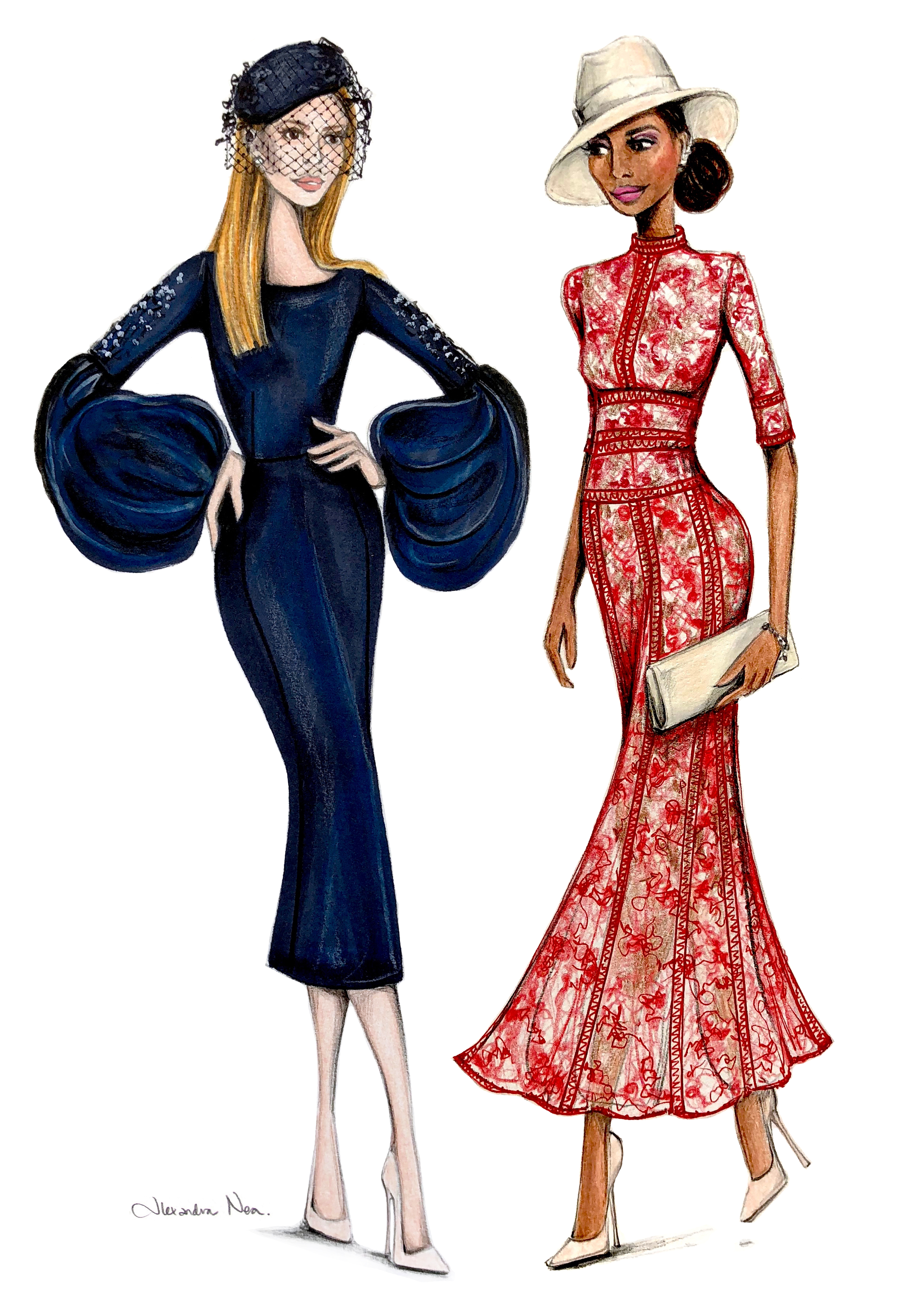 Illustration of royal wedding guests Sarah Rafferty and Gina Torres created by illustrator Alexandra Nea (Alexandra Nea)