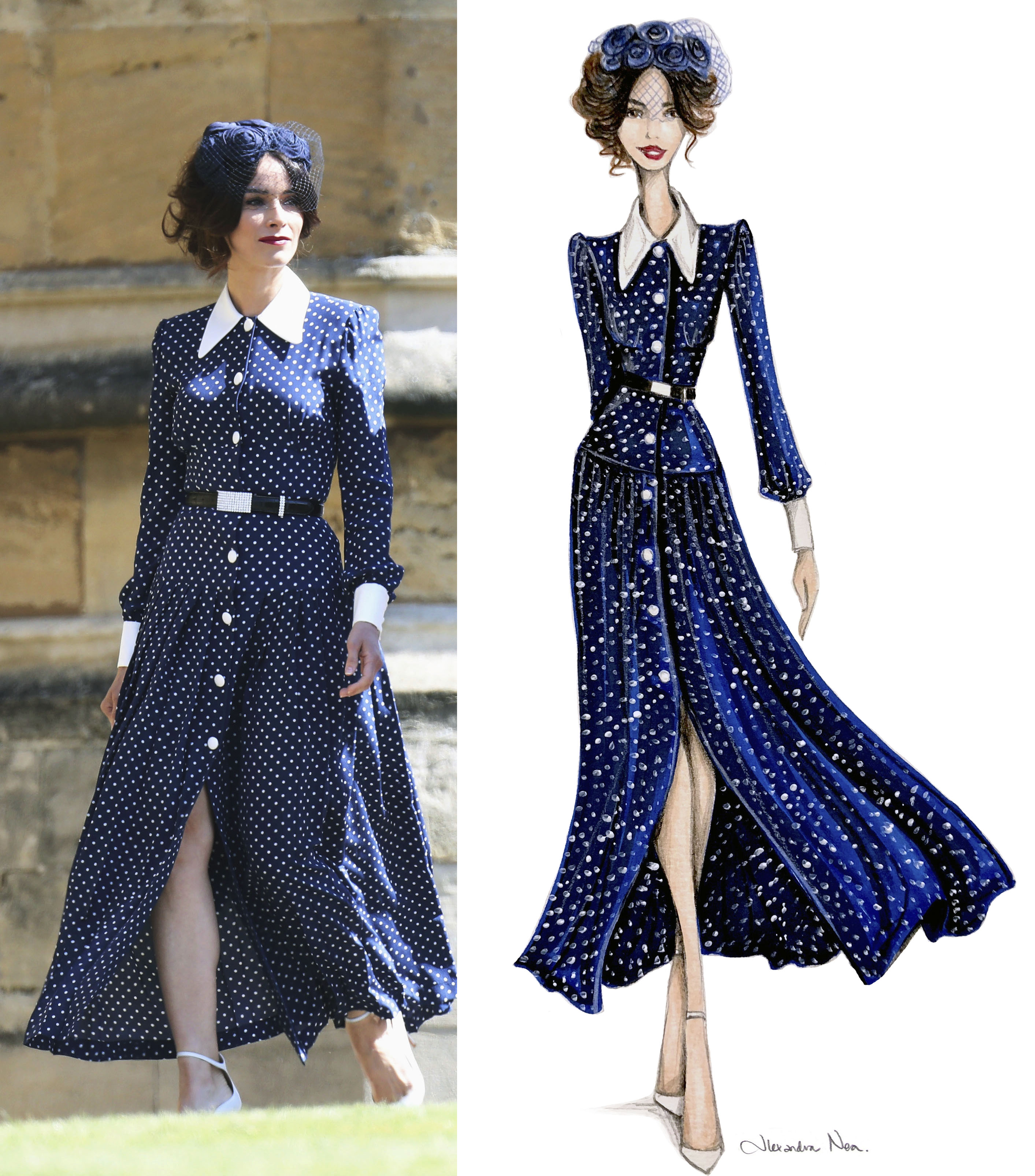 Abigail Spencer IRL and an illustration of her at the wedding of Prince Harry and Meghan Markle by Alexandra Nea (Chris Jackson/AP/PA/Alexandra Nea)