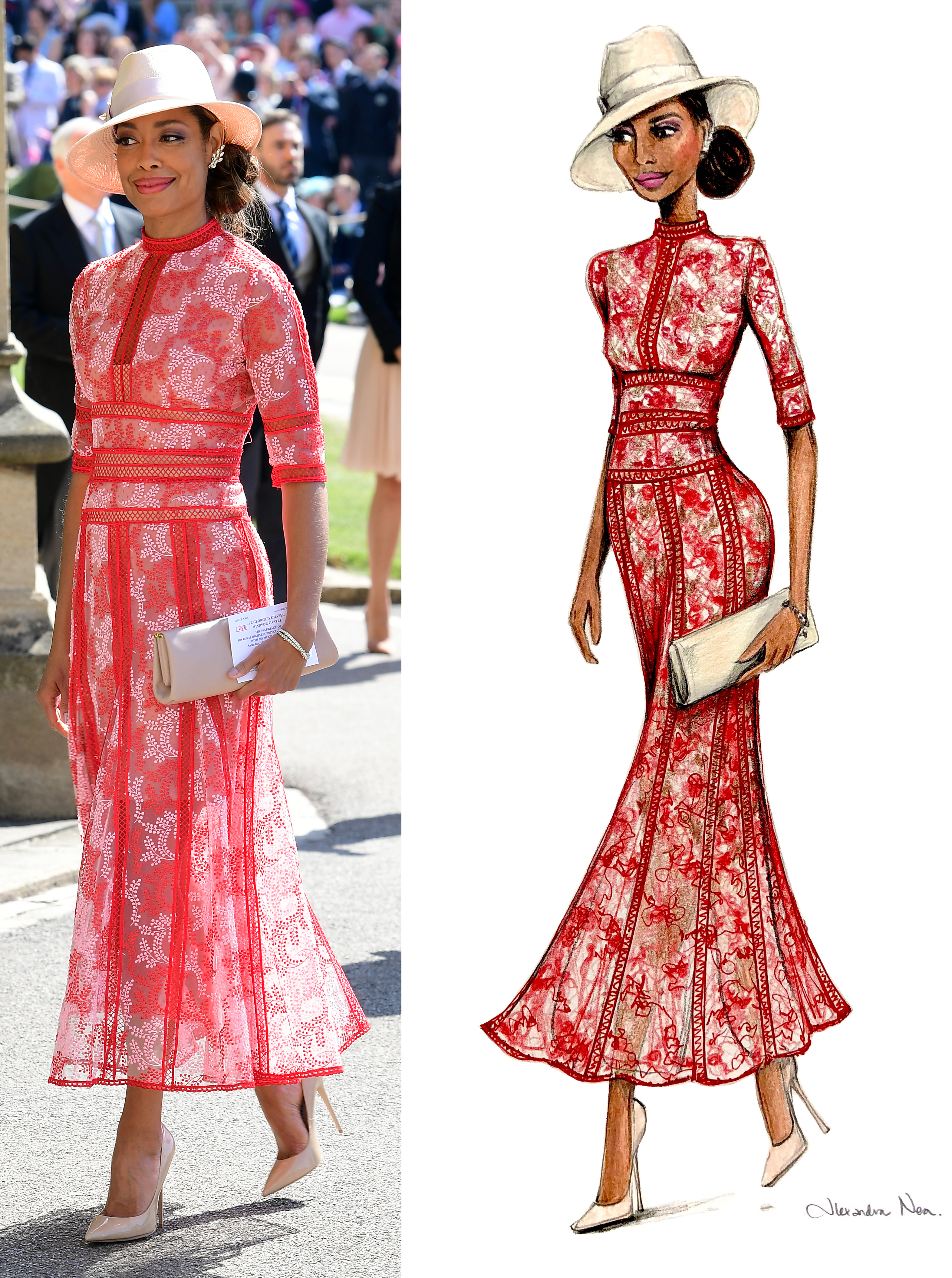 Gina Torres at the royal wedding and as recreated in a sketch by Alexandra Nea  (Ian West/PA/Alexandra Nea)