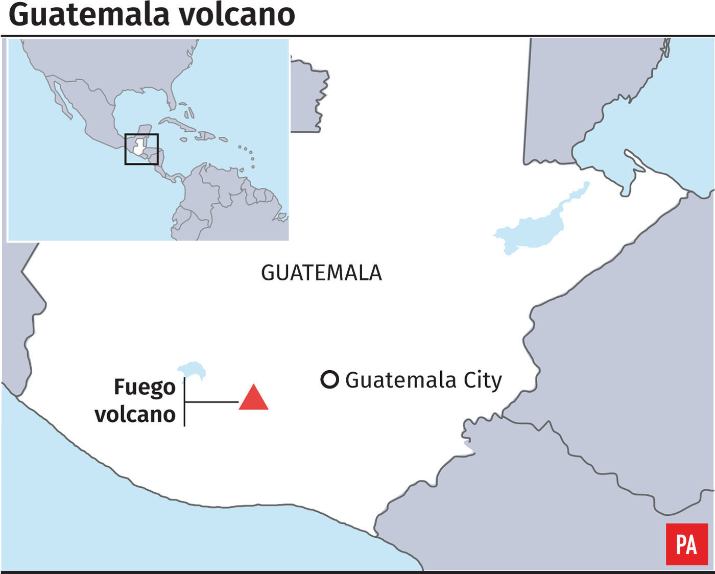 Graphic locates Fuego Volcano in Guatemala