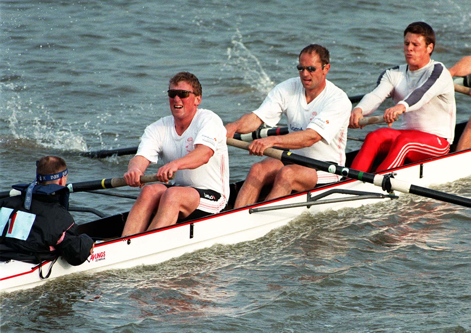 Olympic hero Steve Redgrave (centre) competing in 1997, the year he was diagnosed. He is with team mate, Matthew Pincent (second left), in the Leander crew for the Eights Head of the River Race,London. (Neil Munns/PA)