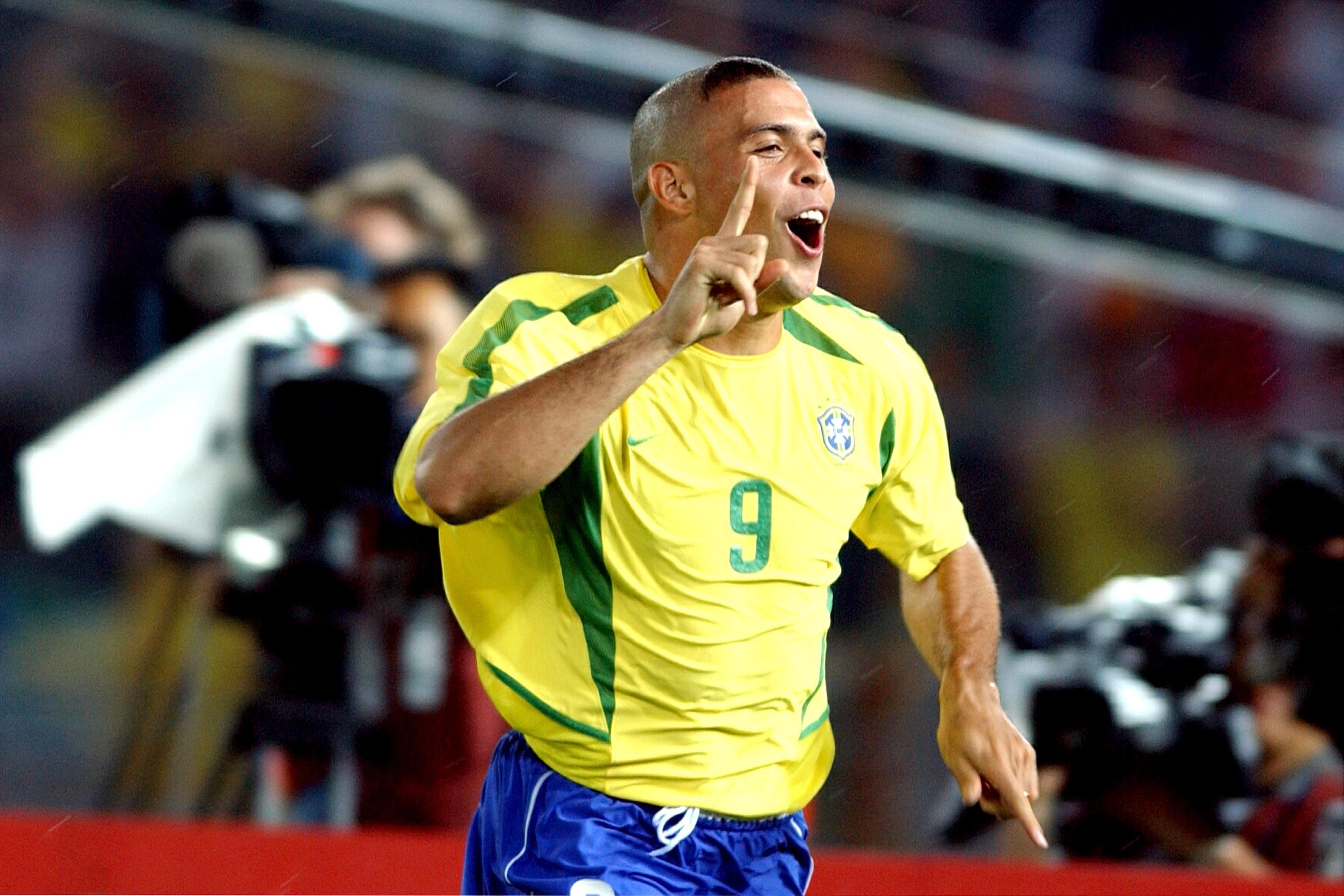 Brazil's Ronaldo celebrates scoring at the 2002 World Cup