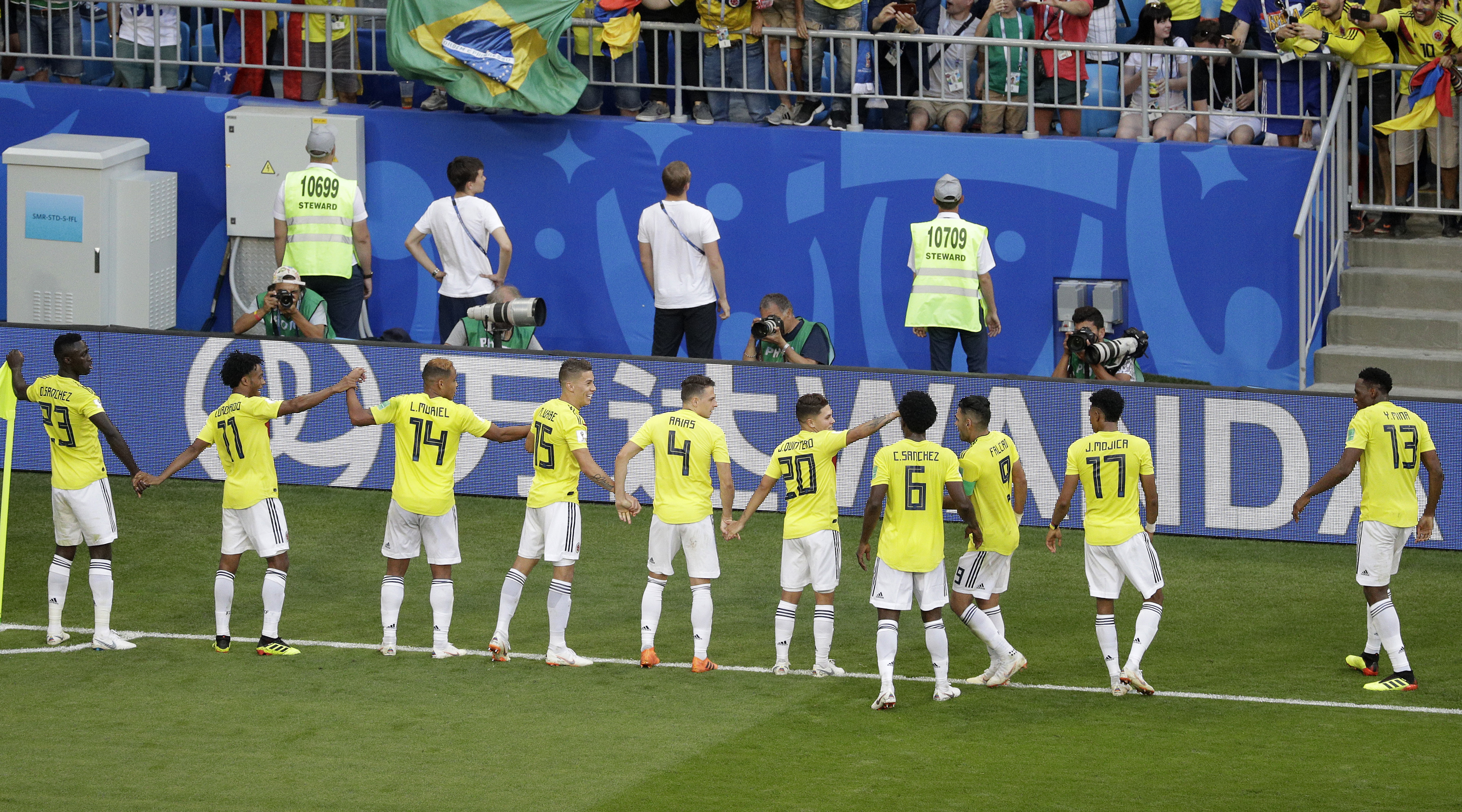 Colombia celebrate scoring a goal against Senegal at the 2018 World Cup