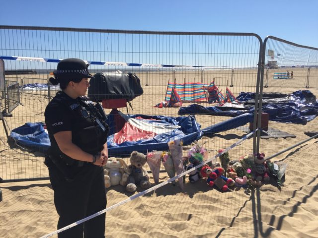 Tributes have been left to a little girl who died after she was thrown from an inflatable trampoline in Gorleston, Norfolk. (Sam Russell/PA)