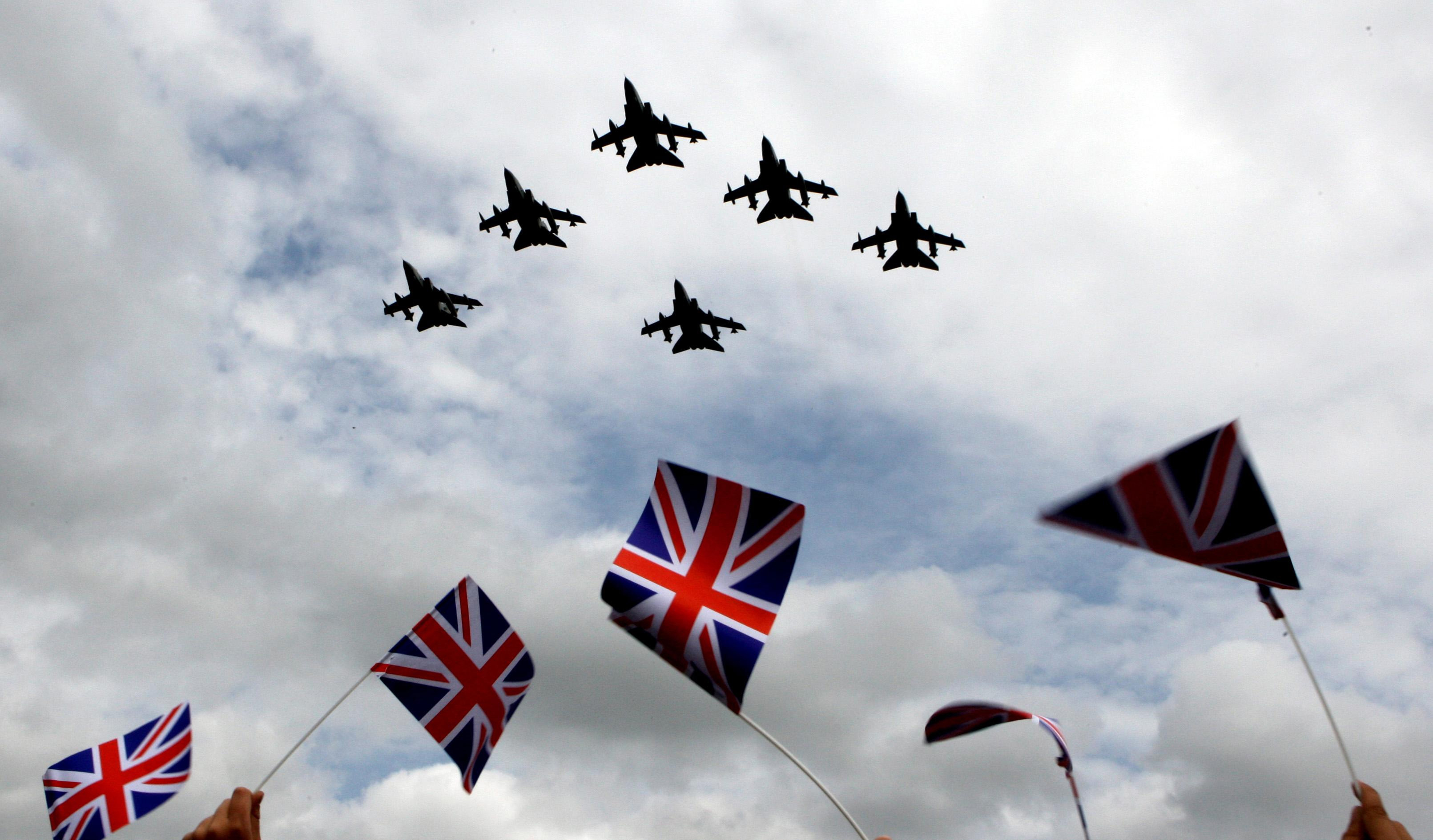 Six Tornado aircraft performing a flypast over RAF Marham, Norfolk