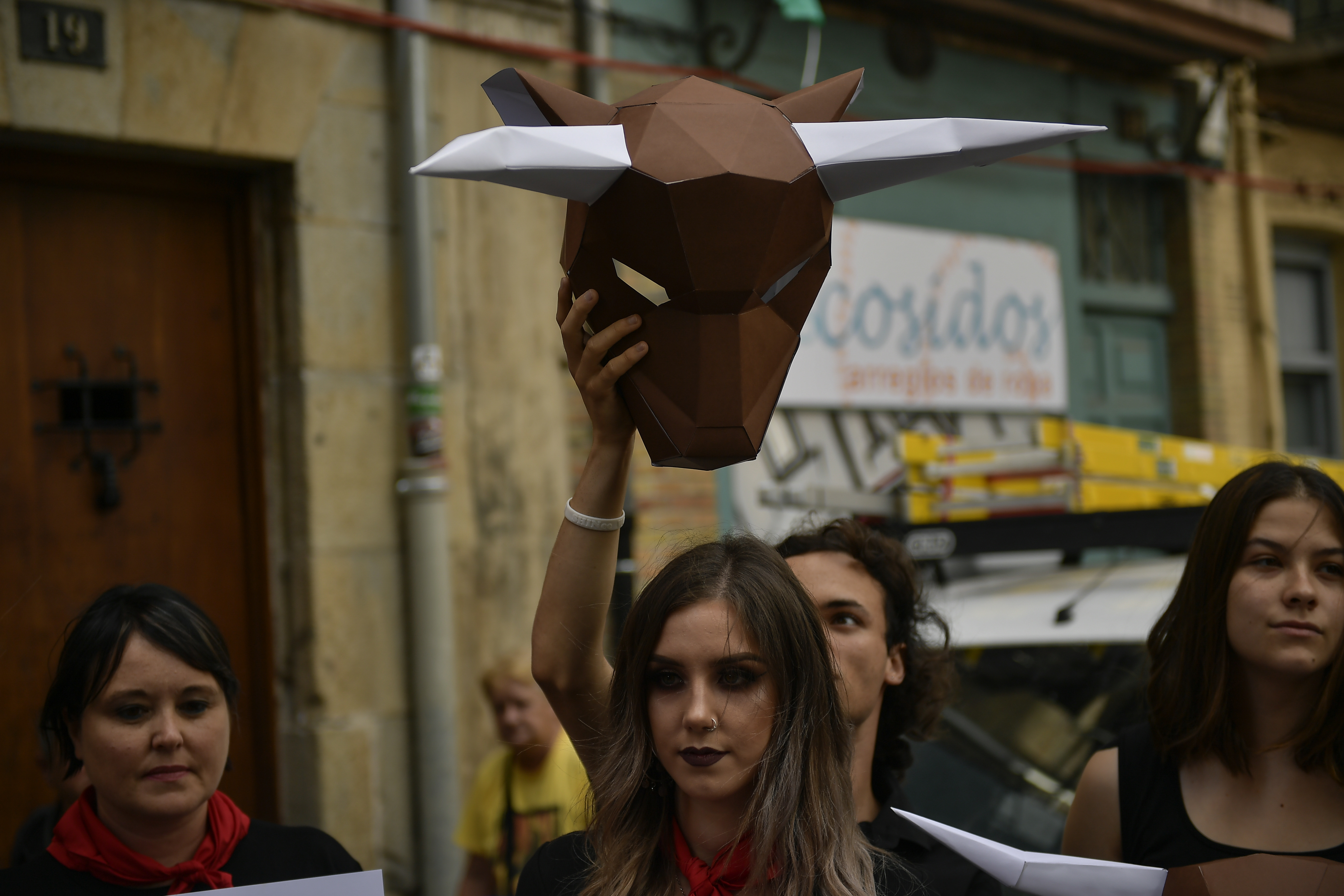 Demonstrators protest against bullfighting in front of City Hall in Pamplona