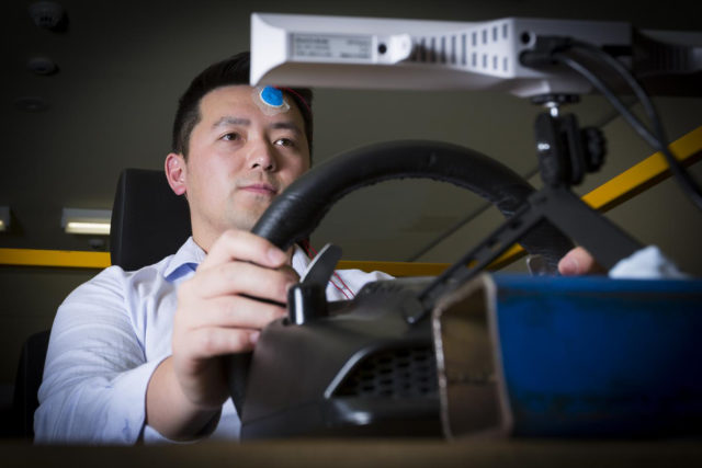 A volunteer being tested in the virtual simulator