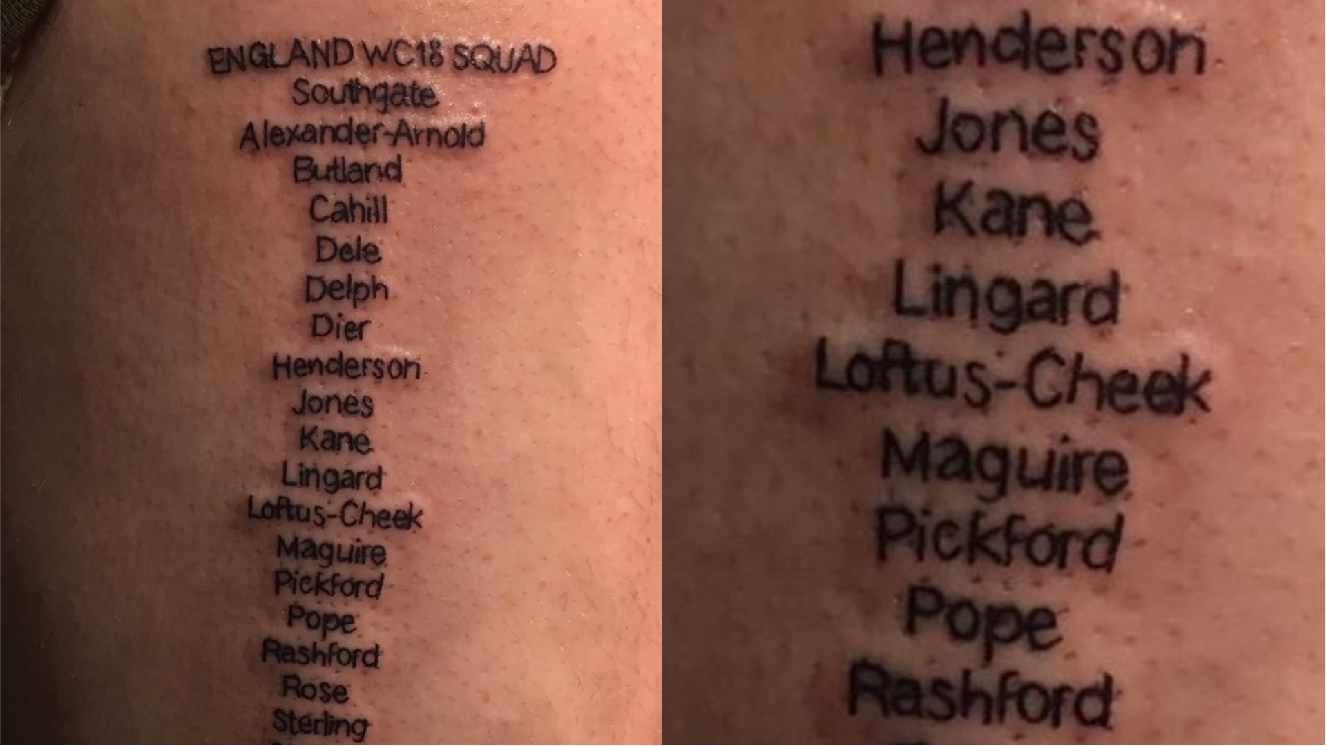 A tattoo of the England squad for the 2018 World Cup in Russia