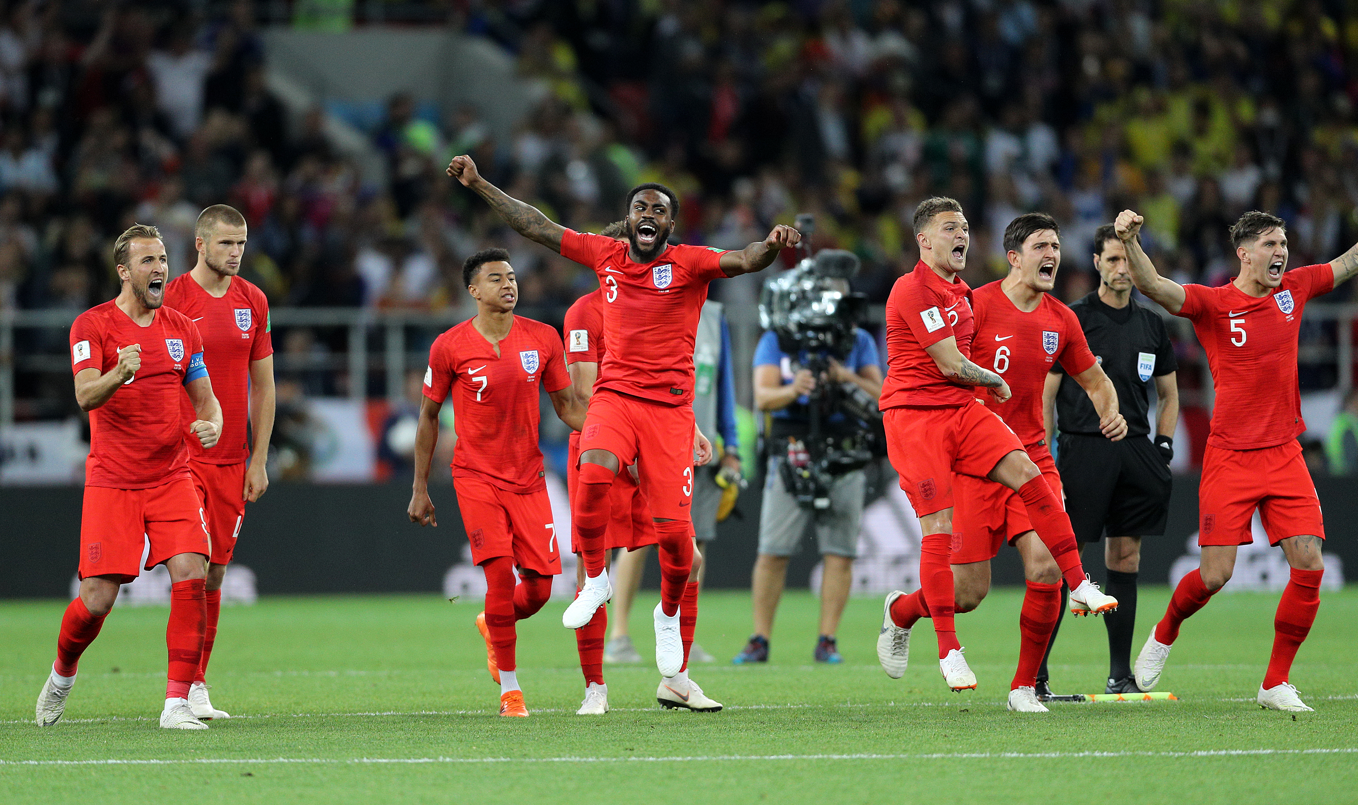 England celebrate beating Colombia at the 2018 World Cup in Russia