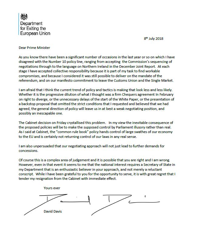 David Davis' resignation letter to Theresa May (Handout).