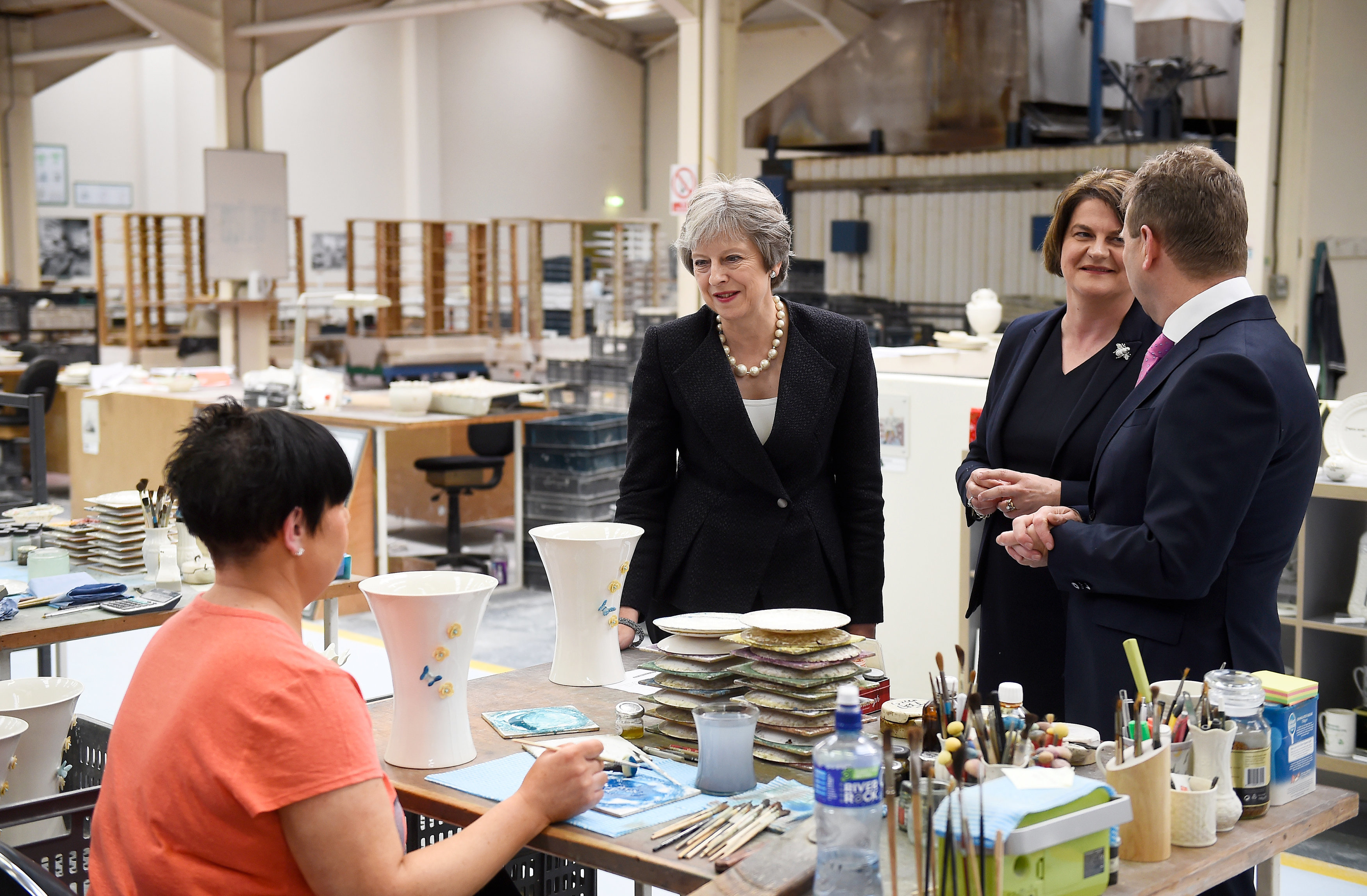 Theresa May and DUP leader Arlene Foster at the Belleek Pottery factory