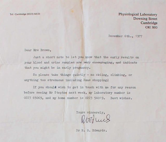 A letter from Dr Robert Edwards to Lesley Brown in December 1977, indicating that she may be pregnant (Bristol Archives/PA)