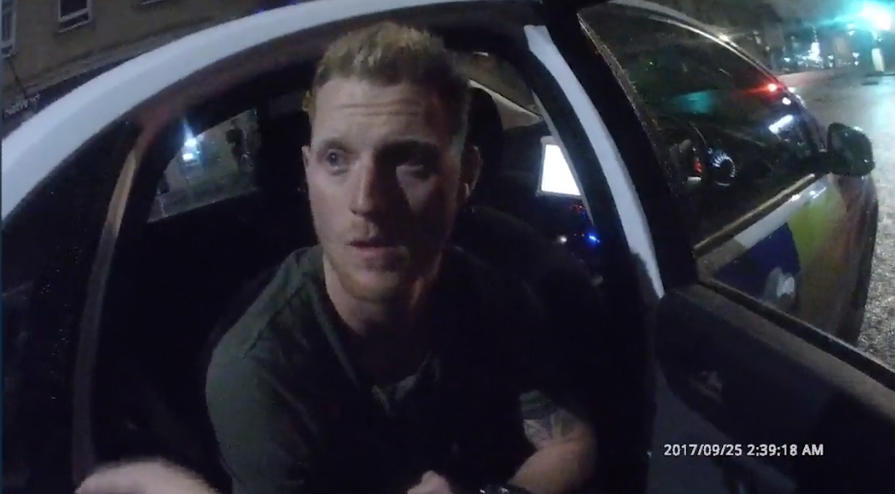 Ben Stokes was arrested for assault, handcuffed and put in the rear of a patrol car (Avon and Somerset Police/PA)
