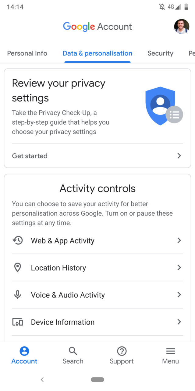 Screenshot of Android's privacy settings. 