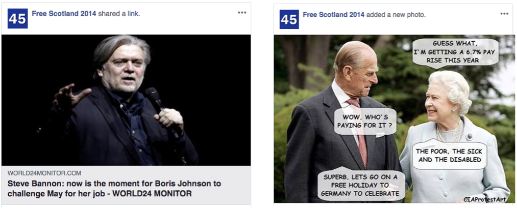 Screenshots of two posts from inauthentic Facebook Pages featuring Steve Bannon, the Queen and the Duke of Edinburgh
