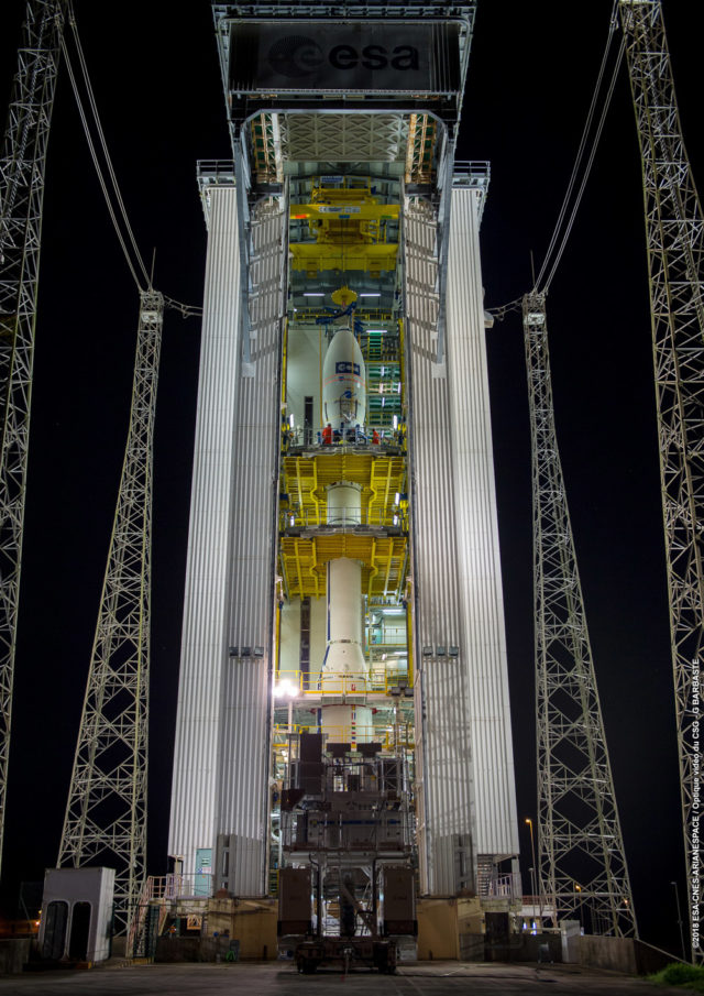 Aeolus ready in the launch tower ahead of lift-off (ESA/CNES/Arianespace/PA)