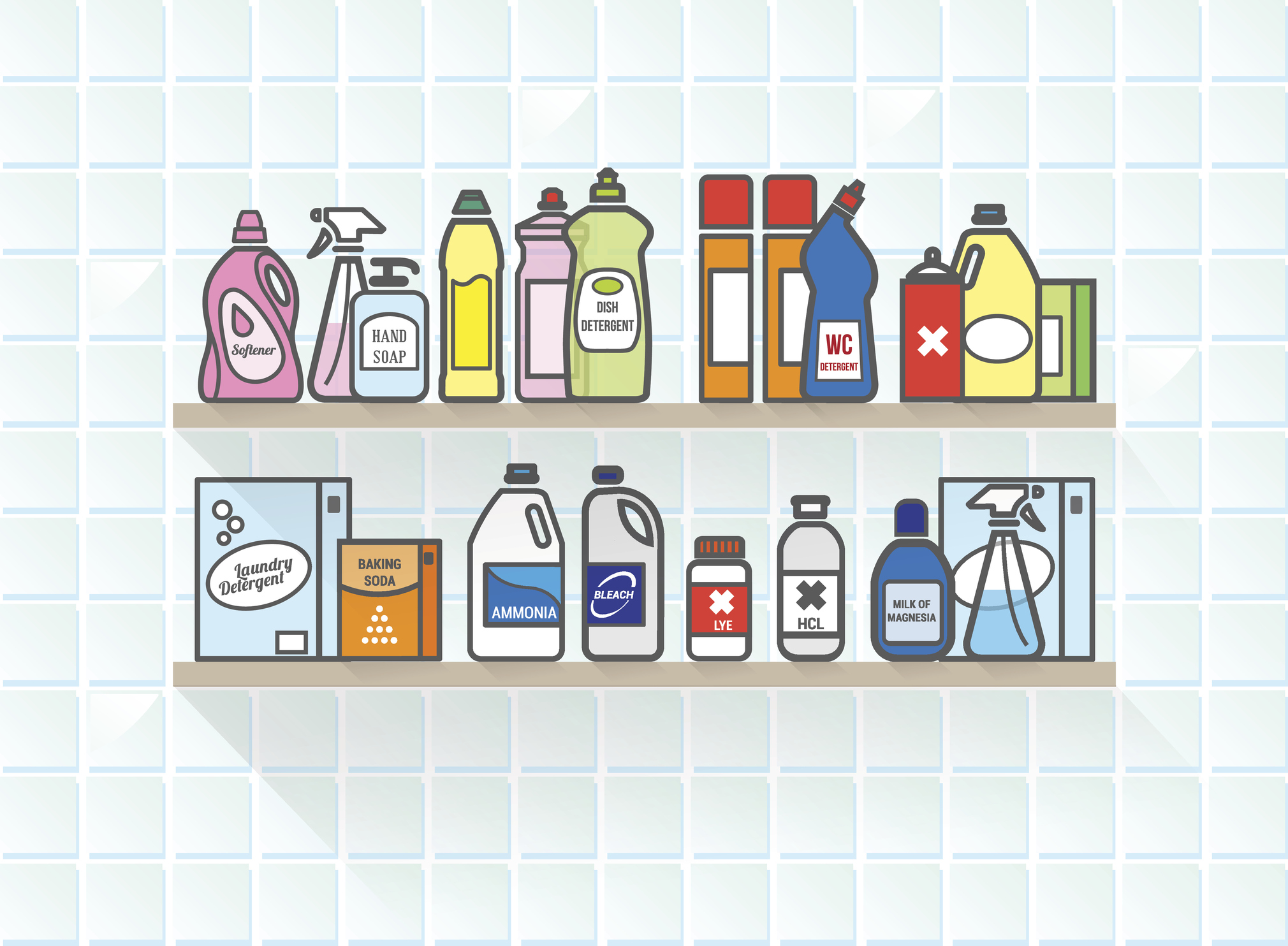 Detergents set on bathroom shelf including different types of packaging