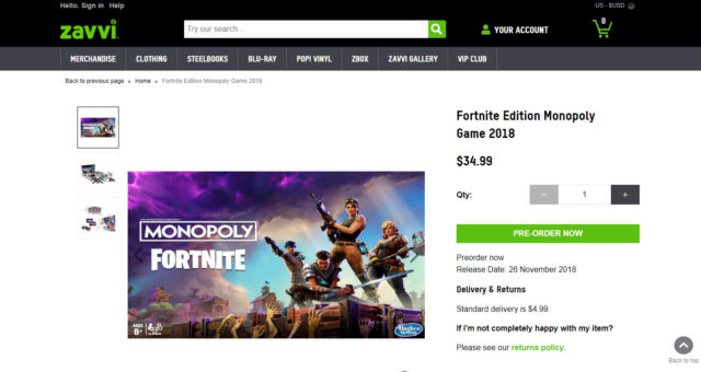 fortnite monopoly was listed on the retail website zavvi - fortnite monopoly
