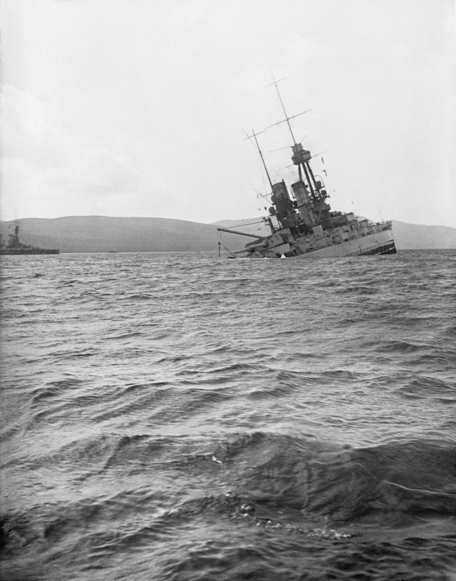 German battleship SMS Bayern is pictured as it sinks at Scapa Flow in June 1919